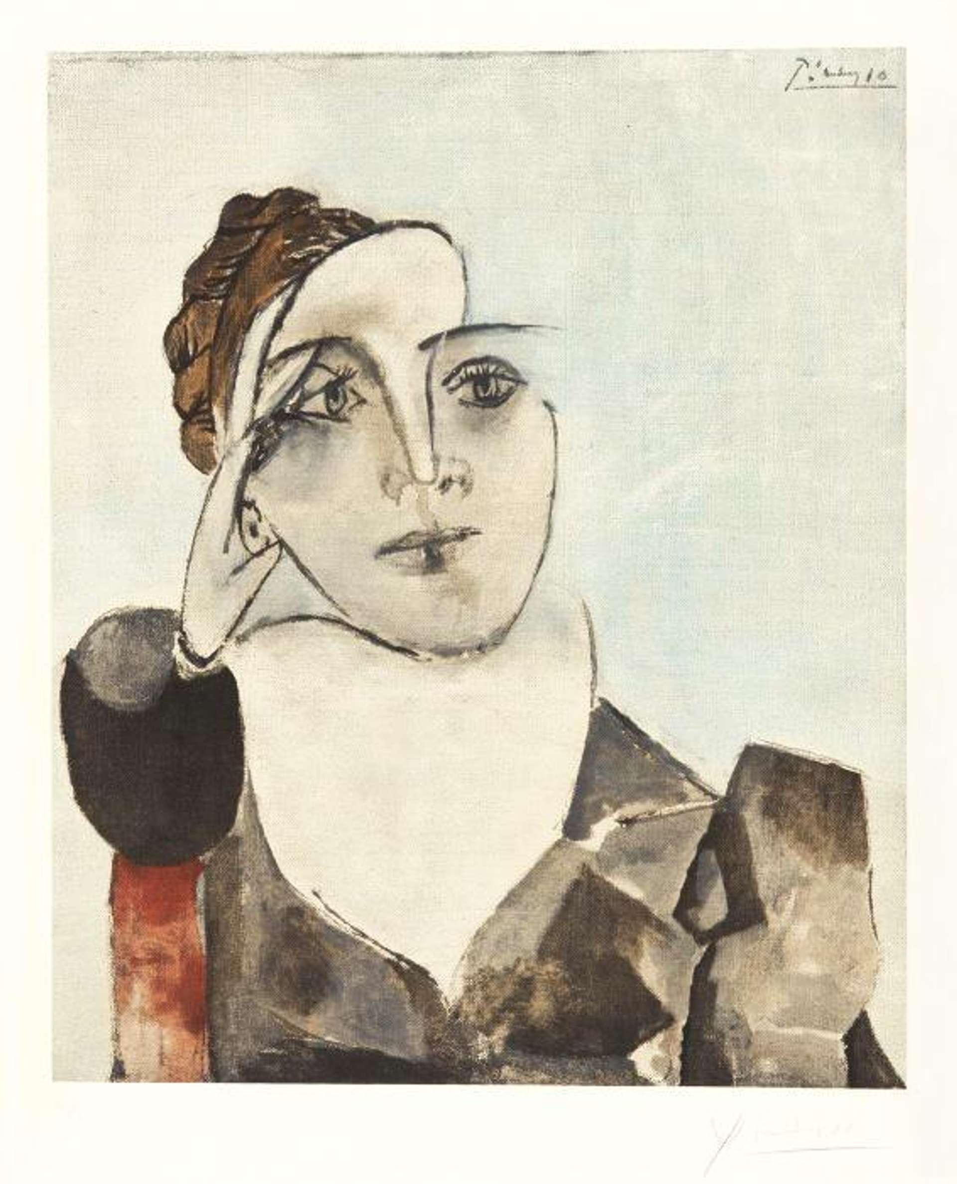 An image of a portrait of Dora Maar by Pablo Picasso. She is shown through a variety of geometrical shapes, in a Cubist-adjacent style.