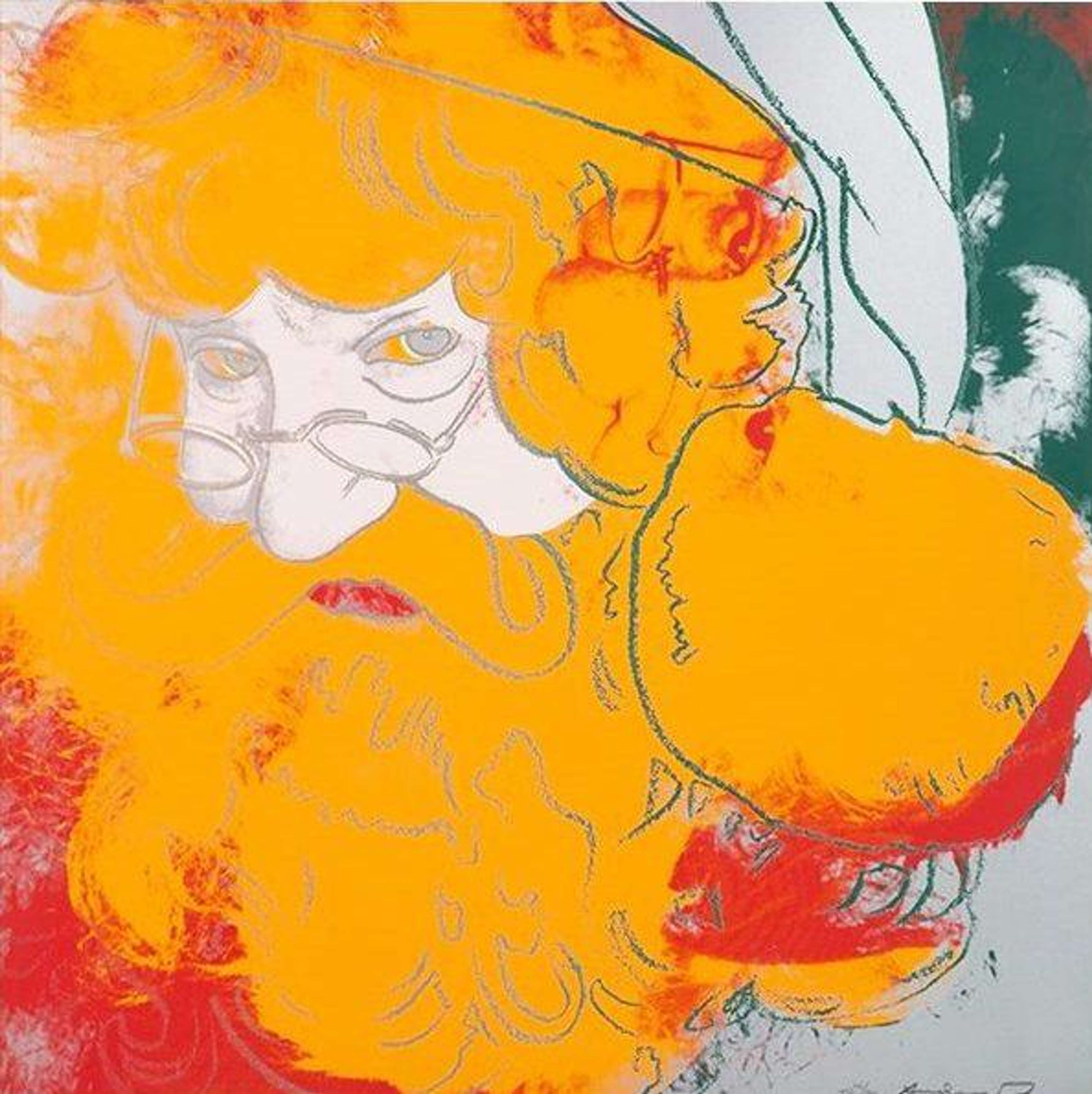 In this print Santa Claus wearing his traditional red bobble hat which matches his fluffy white beard. White dominates the composition which has a splash of red in the background. Warhol uses orange crayon-like lines to add detail to the print and delineate the character’s facial features, such as his warm eyes and knowing smile.