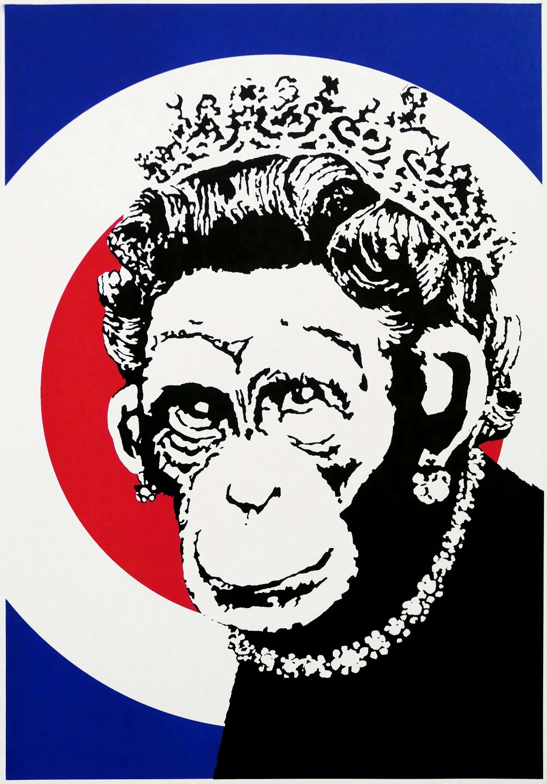 Screen print of a monkey dressed as the Queen of England