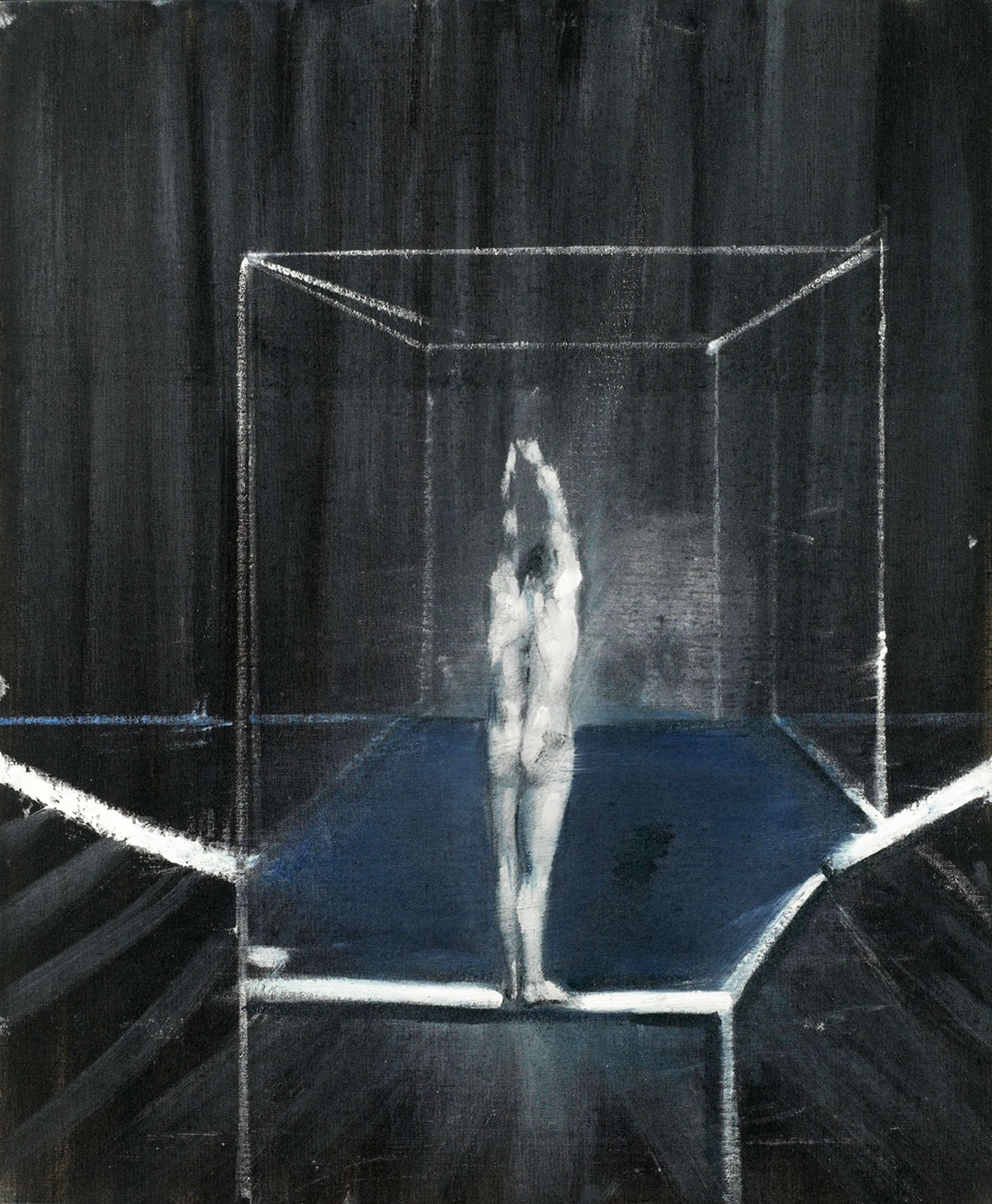 Nude figure poised to dive into a dark space