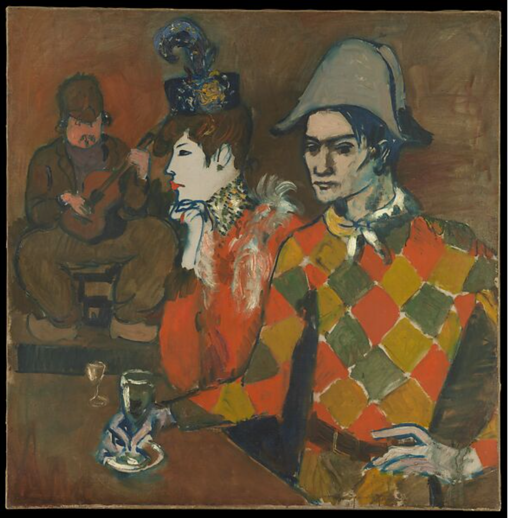 Painting by Picasso depicting himself as a Harlequin alongside his lover Germaine Pichot.