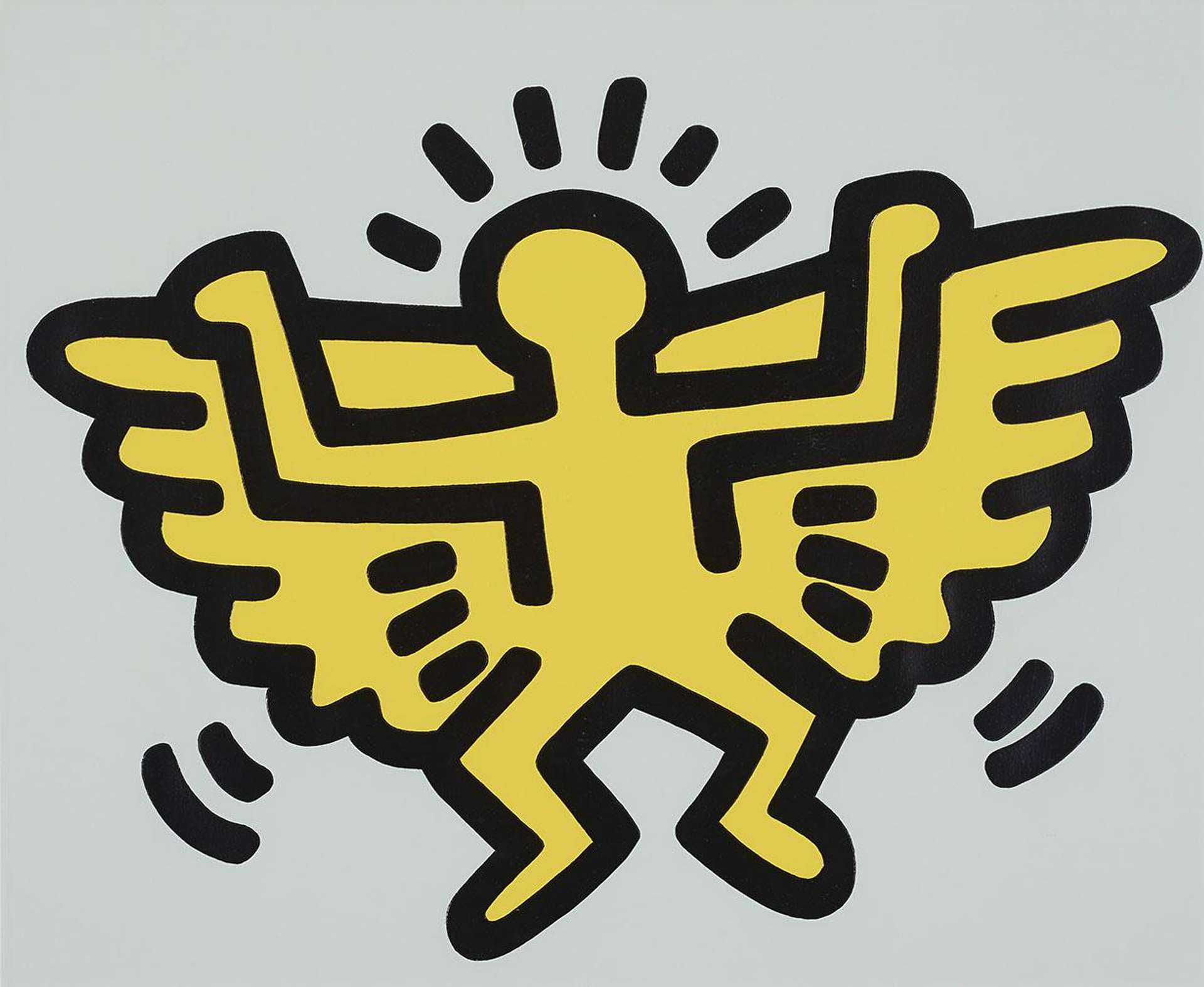 Keith Haring’s Angel. A Pop Art screenprint of a yellow angel character against a grey background.