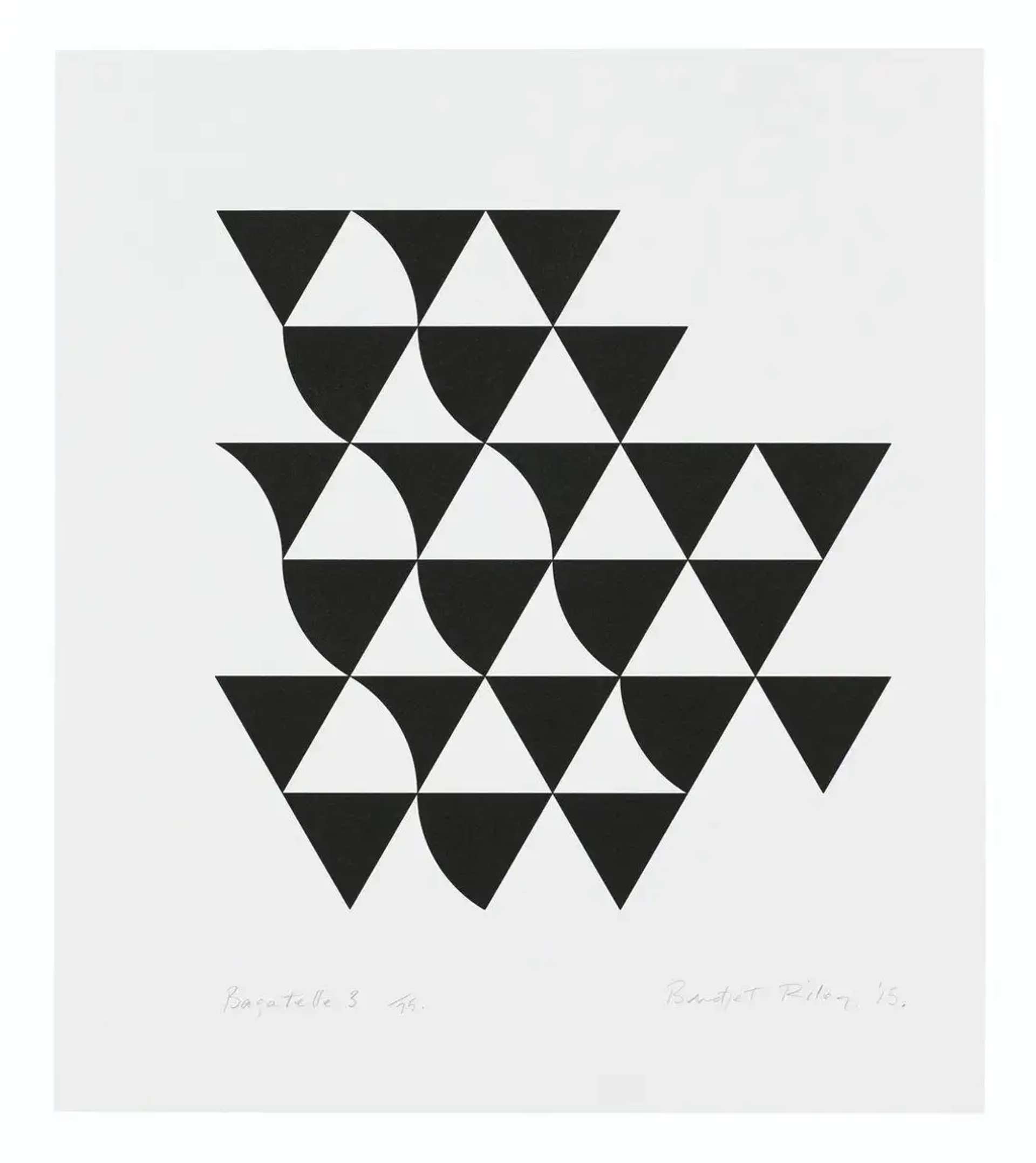 A monochrome series of triangles, some of which are curved at the edges, giving the impression of waves.