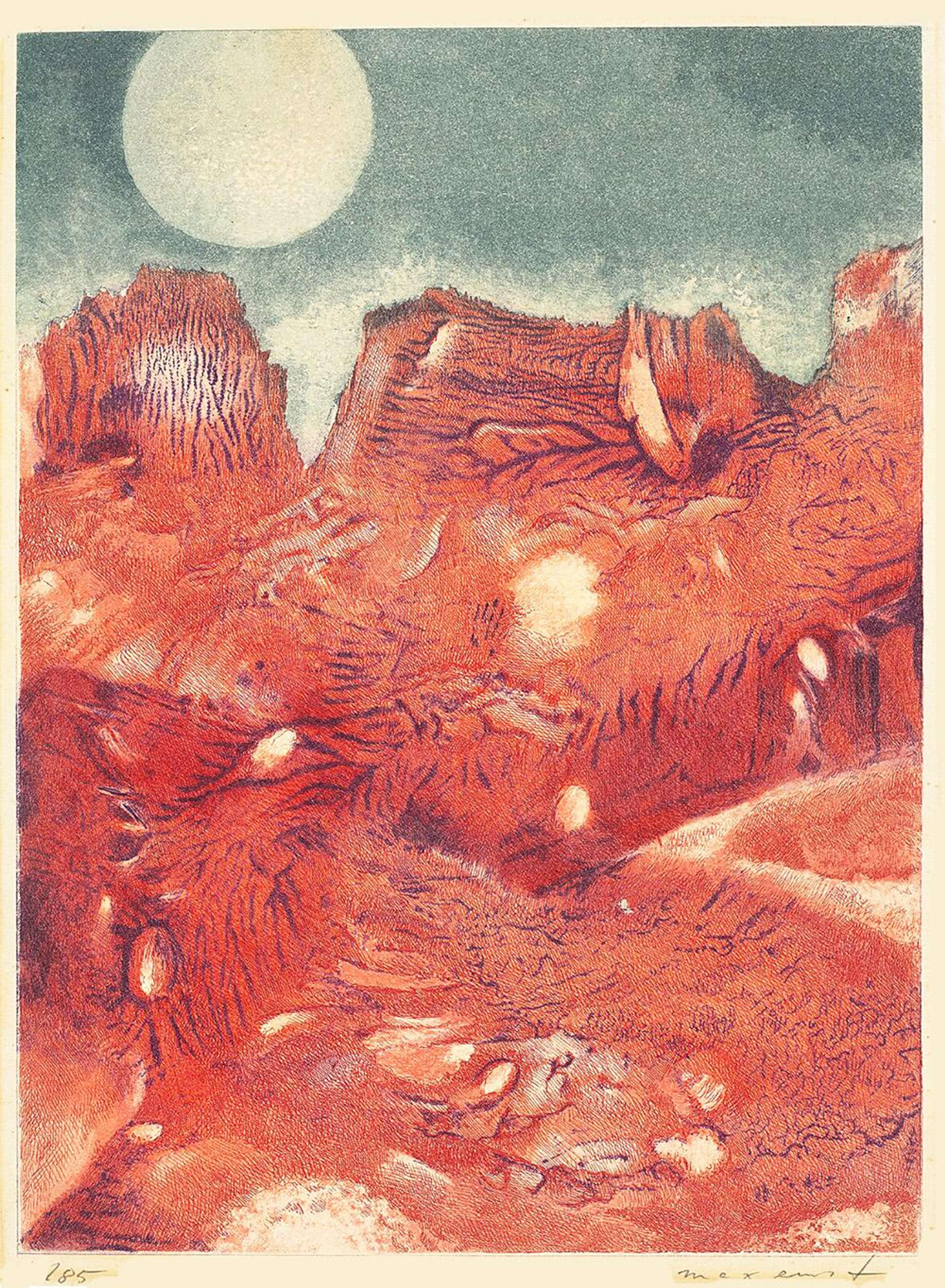 An Intaglio print depicting an abstract view of red mountains beneath a white sun or moon against a blue sky. The markings that form the texture of the mountains appear to have been created by pressing paint between the paper and another surface. 