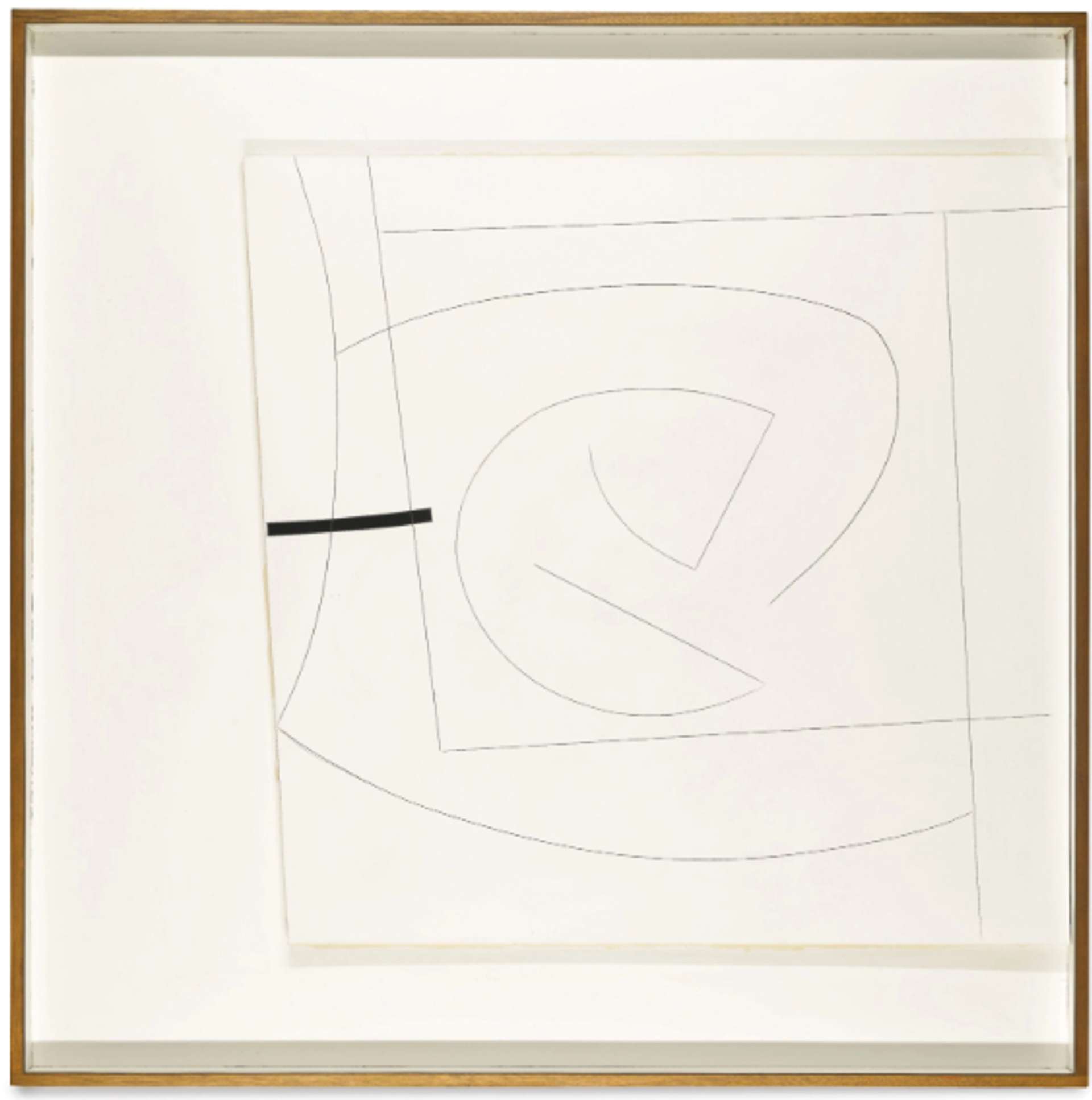 A white square composition is overlaid with another white square, which is adorned with delicate black lines forming abstract geometric shapes. Cutting through a quarter of the square from the right-hand side, a thicker black line adds an intersecting element. The artwork is elegantly framed by a slim brown wooden frame.