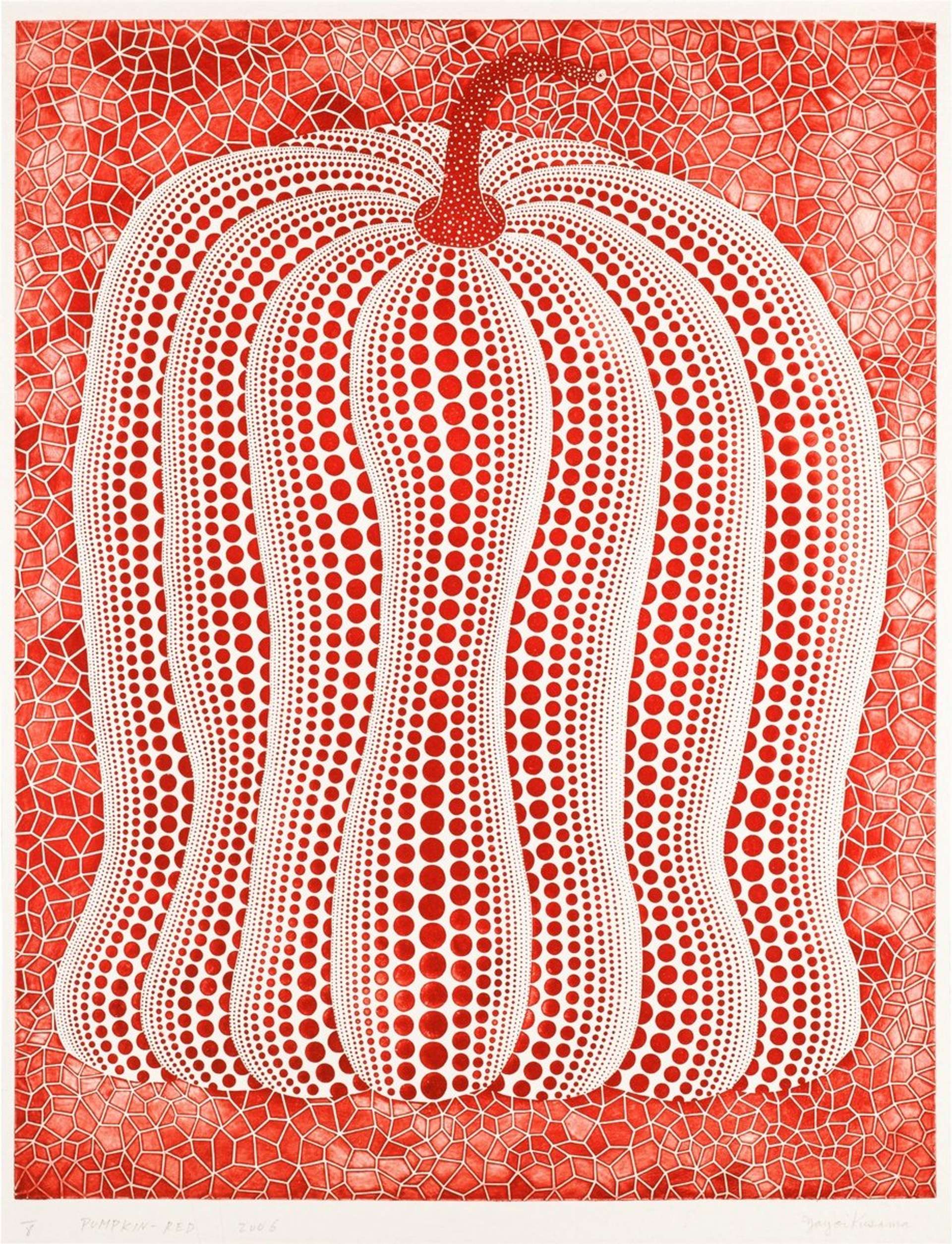 Yayoi Kusama's Pumpkin (red). An etching of a pumpkin created out of a pattern of yellow and red polka dots against a geometric patterned red background