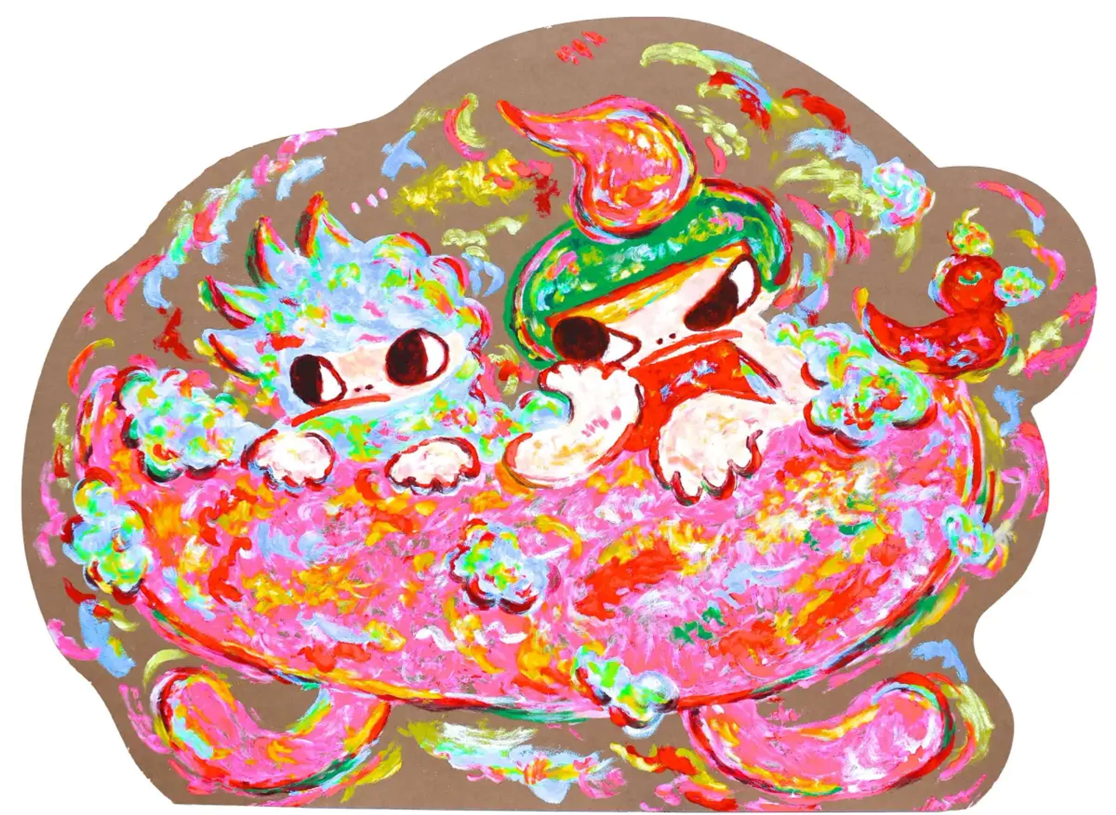 A finger painting of two grumpy children sitting in a bath. One has short green hair and one has spiky light blue hair. The bathtub is a pink claw-foot tub, and the bubbles are overflowing. A red rubber duck sits on the right side. The bright pastel colours used in the piece are layered on top of each other, exaggerating the chaos of the image. The edges of the painting have been cut into smooth, rounded edges to fit the image.