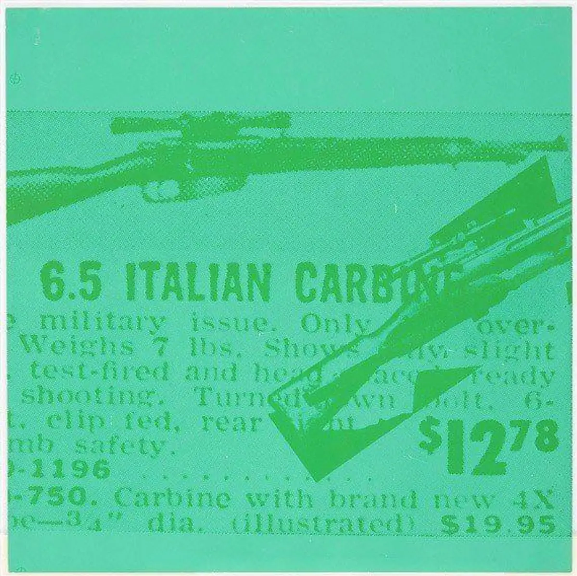 This print shows an image of the gun used by Lee Harvey Oswald, the American sniper who assassinated President Kennedy. It is done in tones of green.