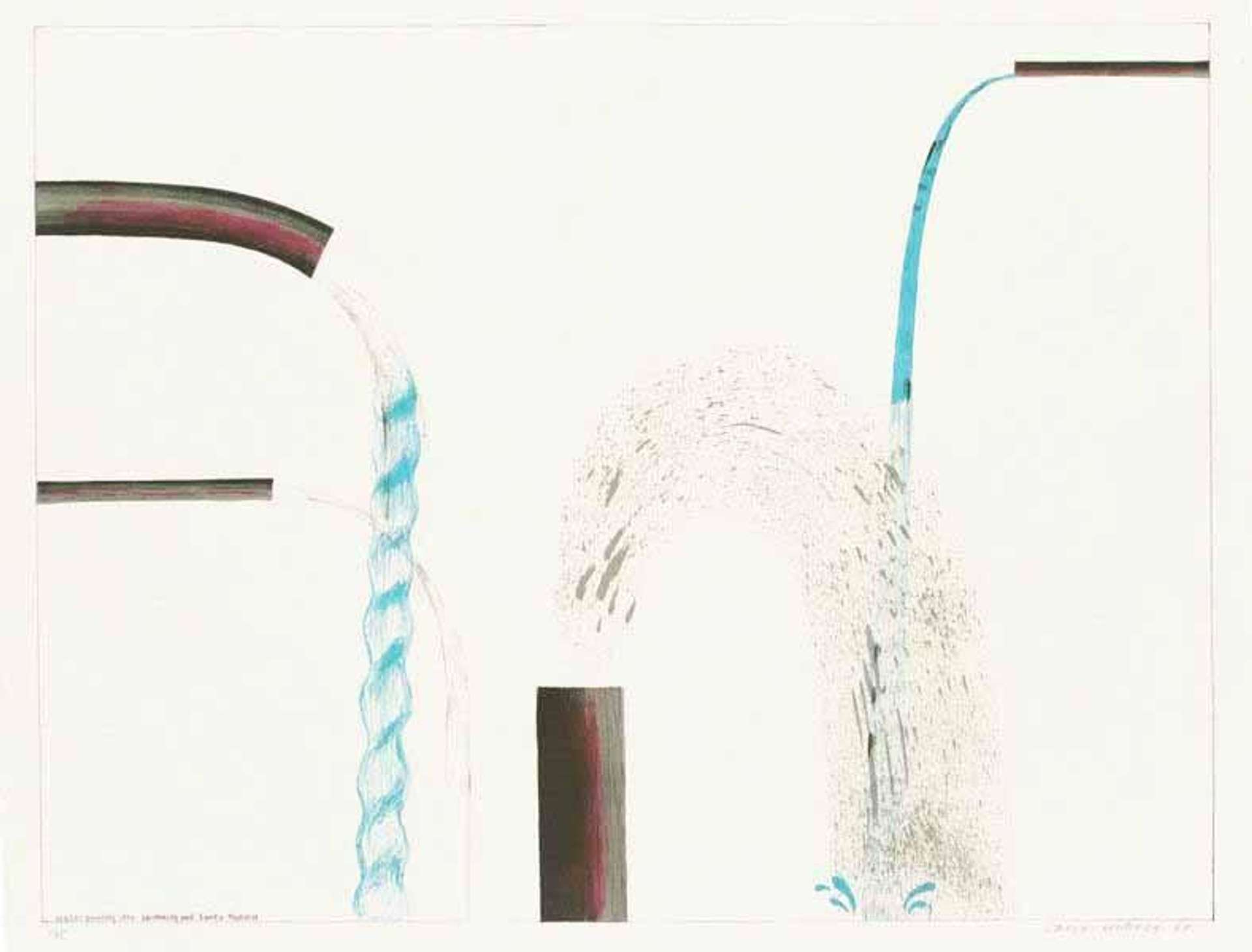 Unlike many of Hockney’s other depictions of pools, this work fails to show the actual body of water itself and instead focuses on the pipes that fill it. Here they are presented at various angles, appearing like a fountain or elaborate water feature in a garden. Out of each pipe gushes out water of varying qualities, one stream is spiralled like the tusk of a narwhal or a merry go round pole, another is a thin transparent stream, while the middle one emits a kind of thick spray. 