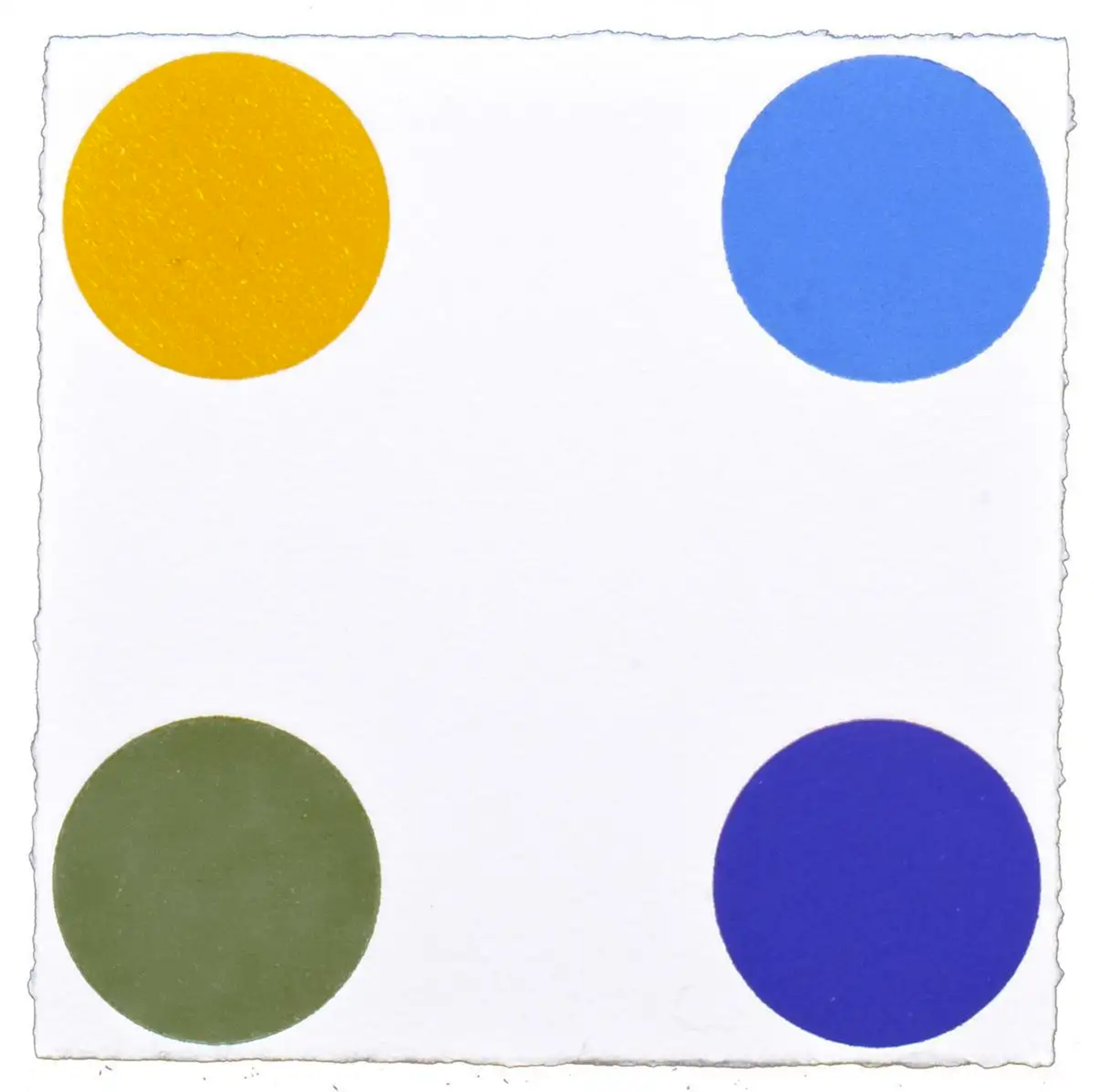 The print is a square composition with four circles positioned in each corner. Set against a plain white backdrop, the spots are depicted in flattened colours of yellow, sky blue, khaki green and royal blue.