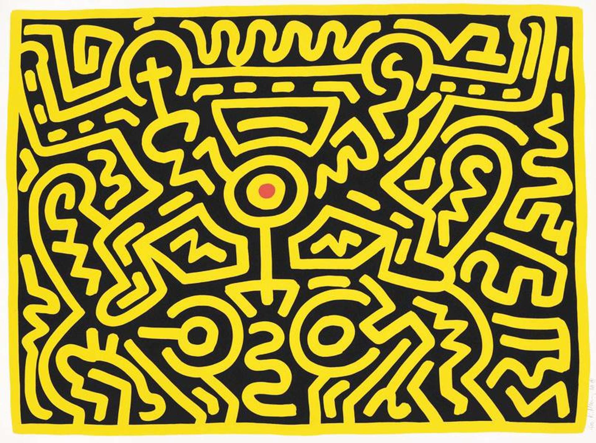 Keith Haring’s Growing 3. A Pop Art screenprint of a pattern of yellow lines and figures against a black background with one red polka dot in the centre.