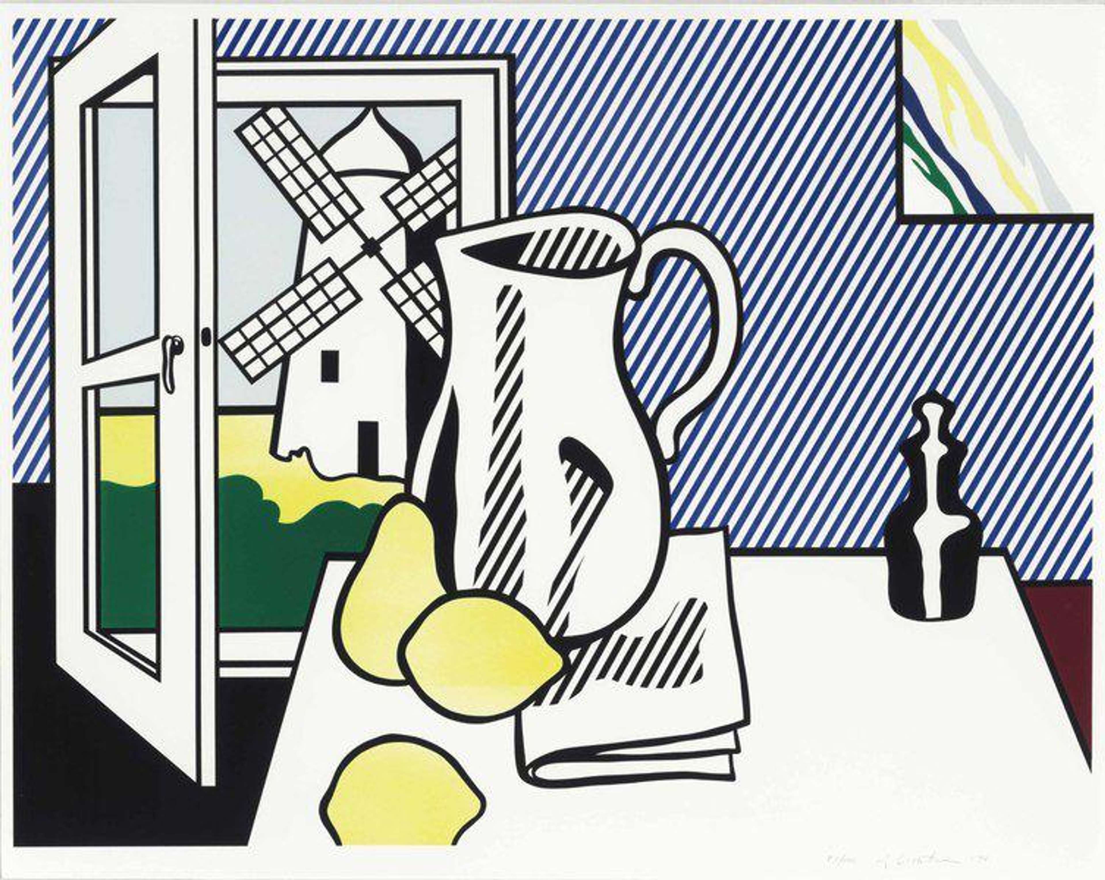 Lichtenstein’s Still Life With Windmill presents a dual composition. It’s anchored by the windmill outside, as well as items such as lemons, a pitcher and a newspaper inside the room.