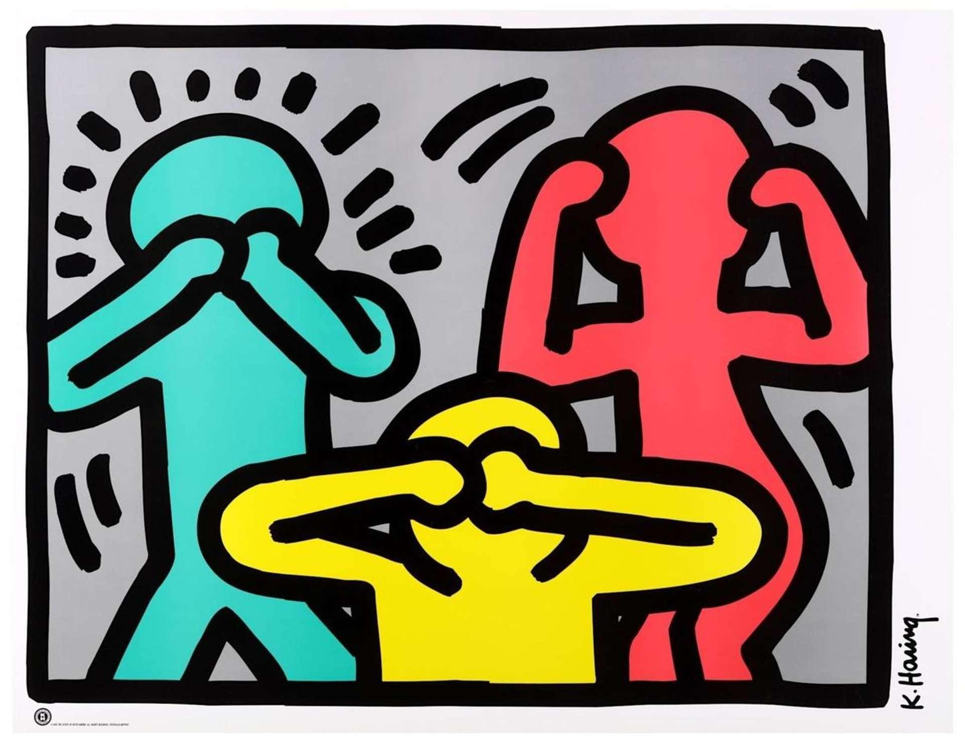This print by Keith Haring depicts three androgynous figures, in blue, yellow and red respectively. The figures are mimicking the poses of the three wise monkeys, a Japanese pictorial maxim that embodies the proverbial principle ‘see no evil, hear no evil, speak no evil’.