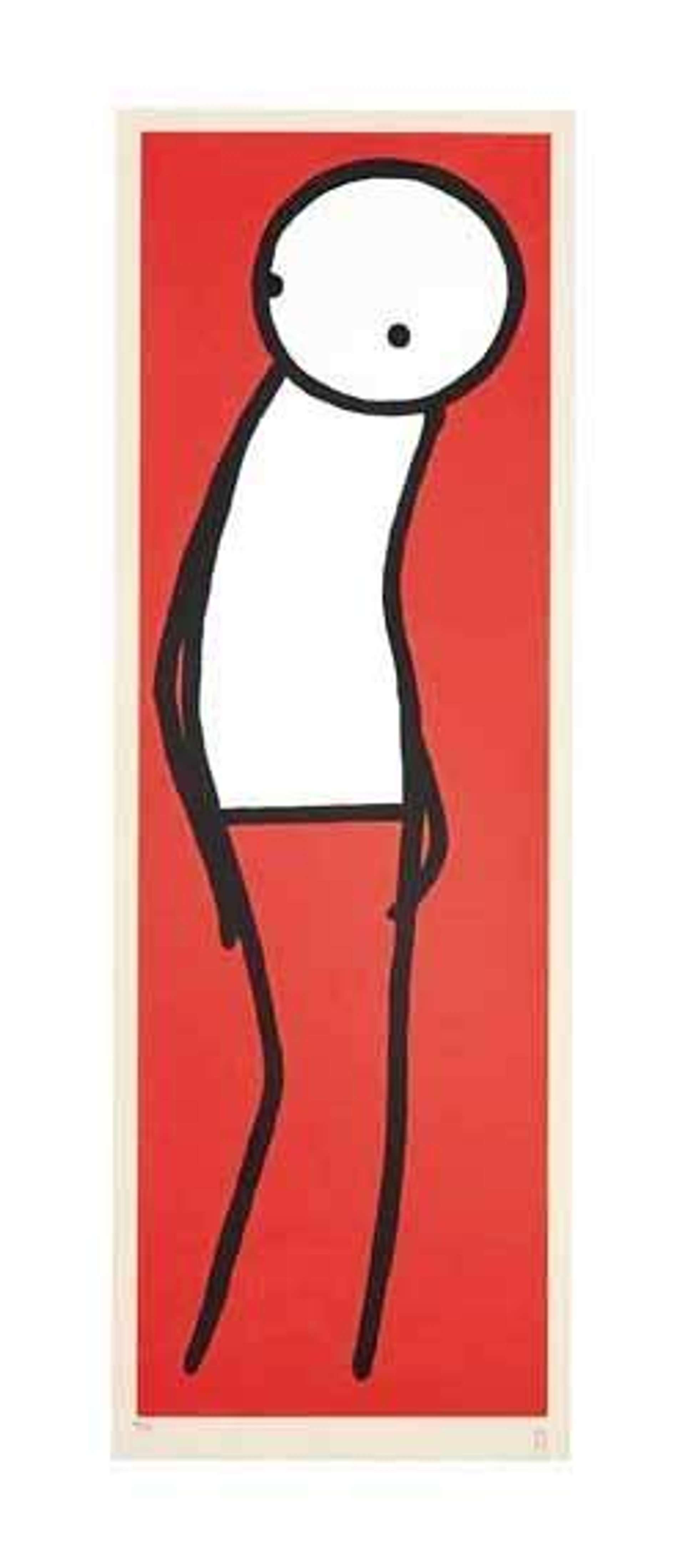 STIK’s Diva (red). A screenprint of a black stick figure with a white body, standing looking to their side against a red background. 