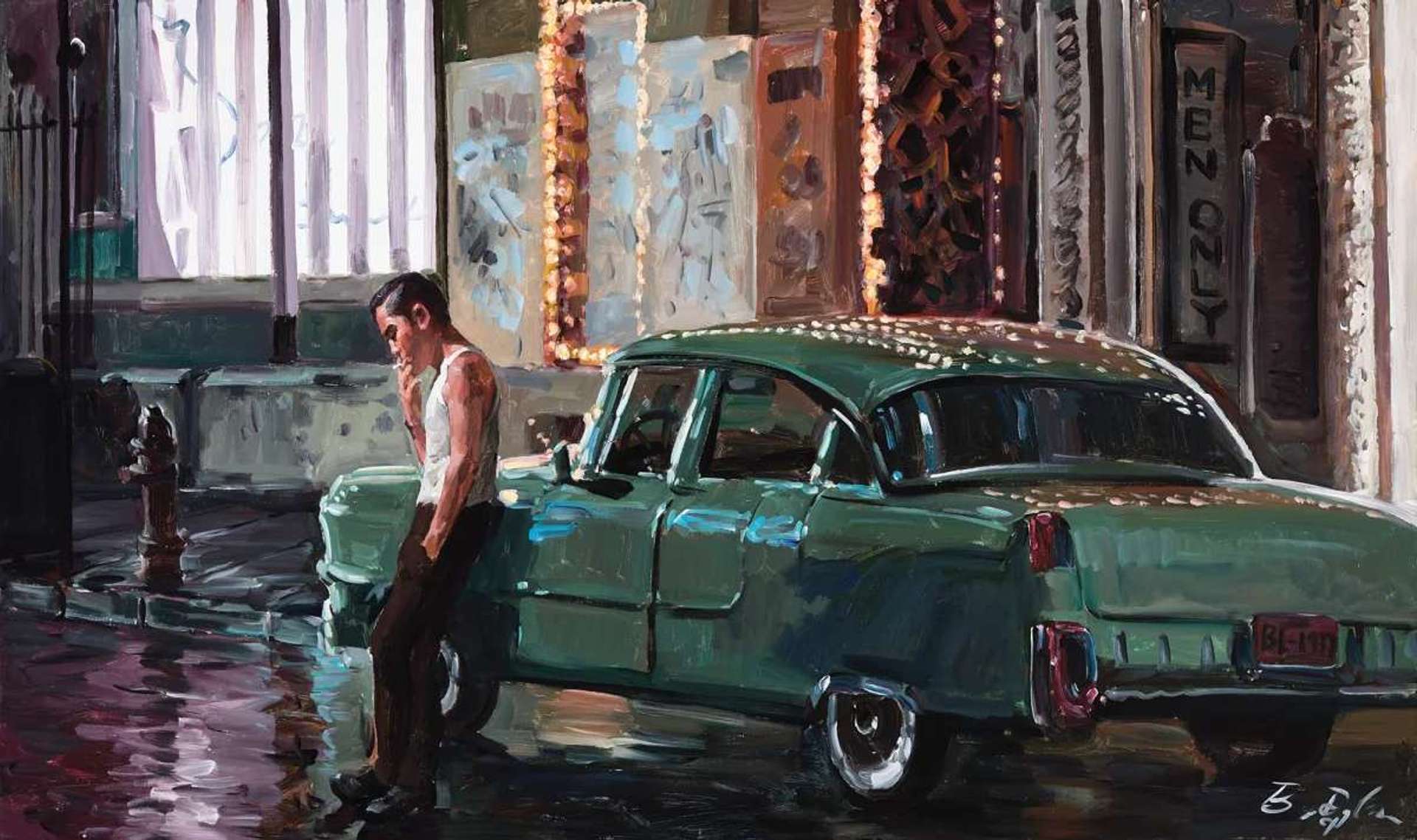 A painting by artist Bob Dylan, depicting a man smoking a cigarette while leaning against an old-school green car.