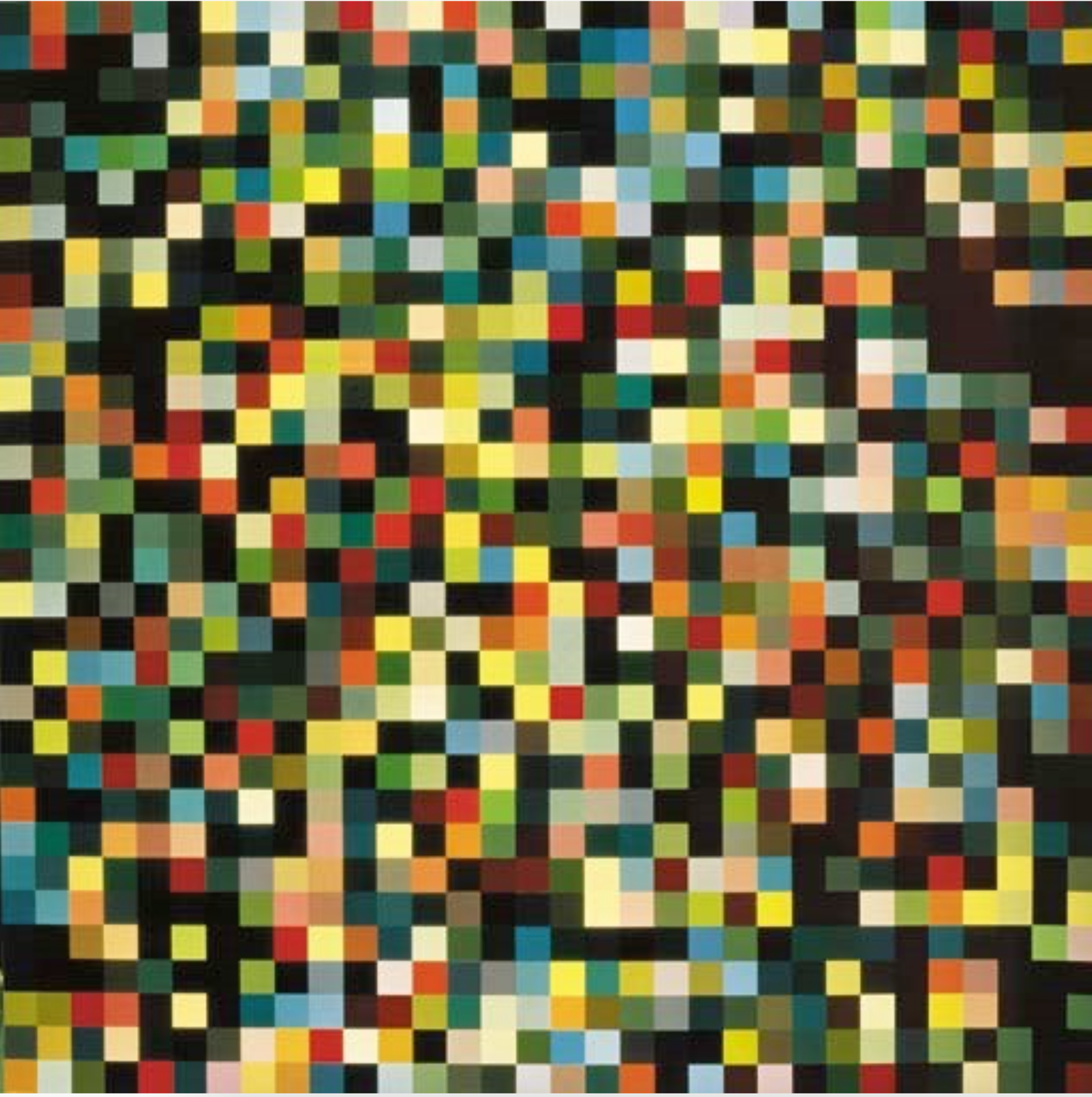Painting by Gerhard Richter, depicting 1024 evenly sized squares, in varying shades of grey, yellow, red, blue, orange, green and black.
