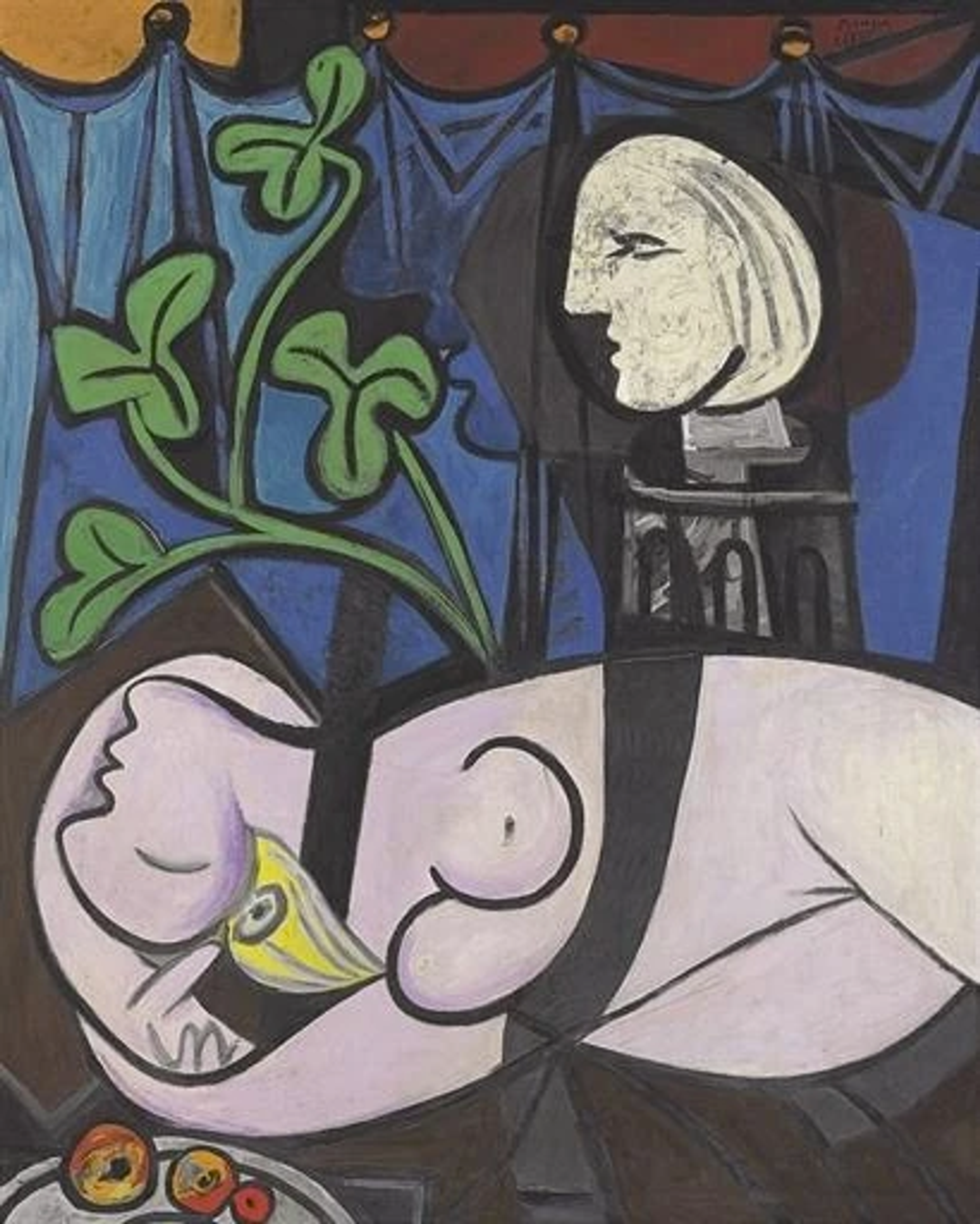 Painting by Pablo Picasso depicting a reclining nude female figure, a leafy green plant and a bust in front of a blue curtain.