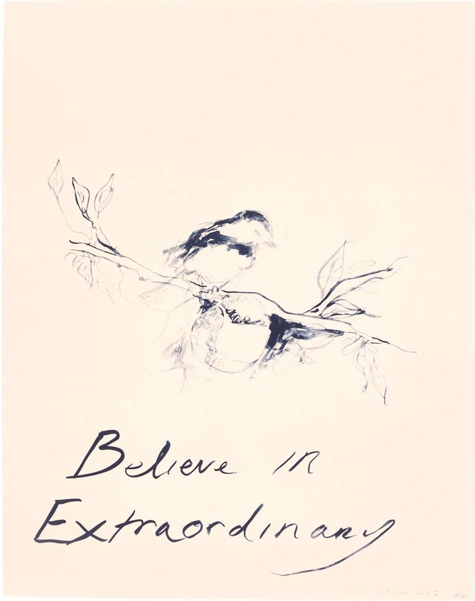 Believe In Extraordinary was executed as a lithograph in oxford blue in 2015. Emin here captures an inky blue robin perched on a leafy branch, symbolising new beginnings and awakenings. The scene is punctuated by the work’s title inscribed in Emin's handwriting below.