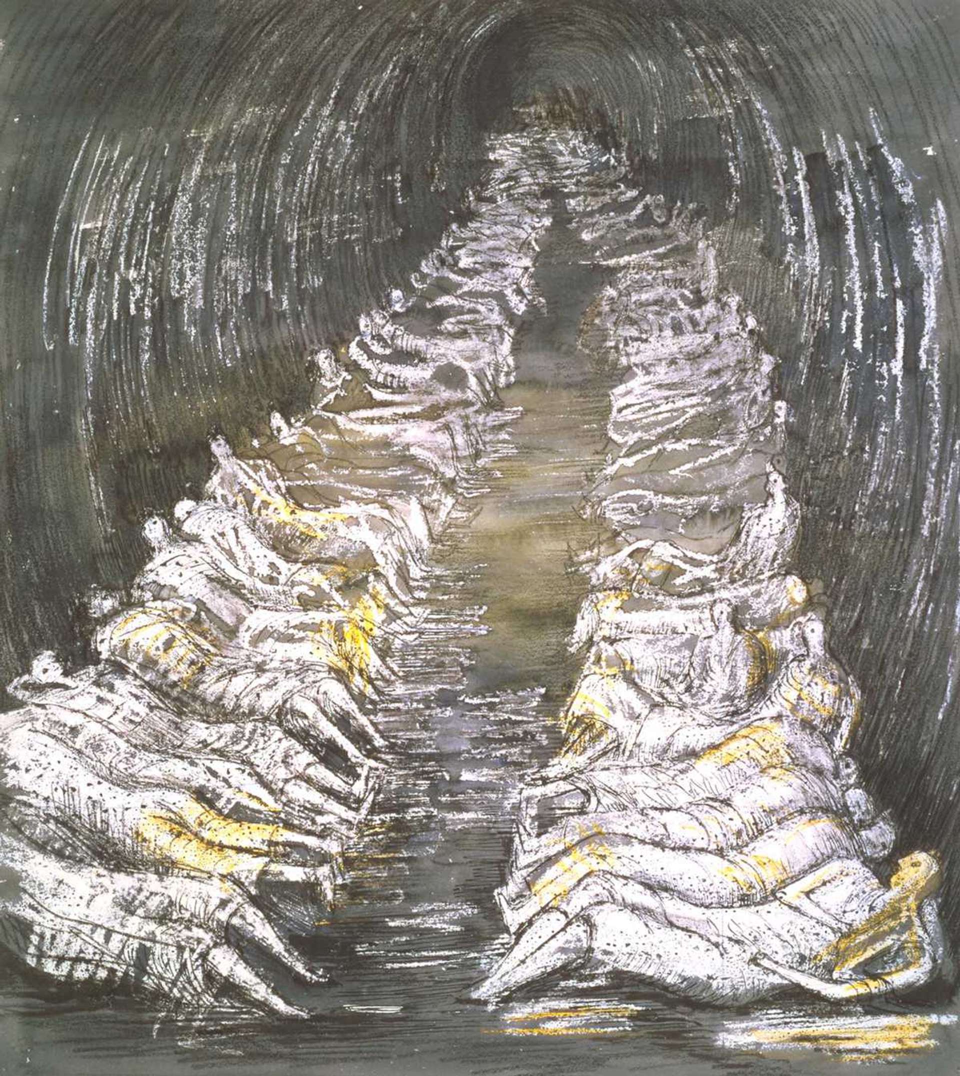 A drawing of a dark tunnel with abstracted figures lying closely alongside each other on both sides, featuring loosely defined features.