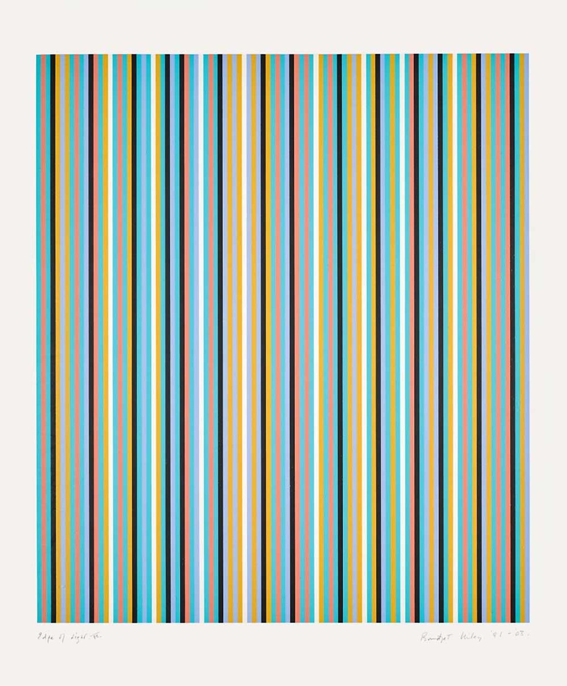 Composed of several pastel-hued colours, black stripes appear at semi-regular intervals to contain and break the orchestrated, horizontal colour scheme. 