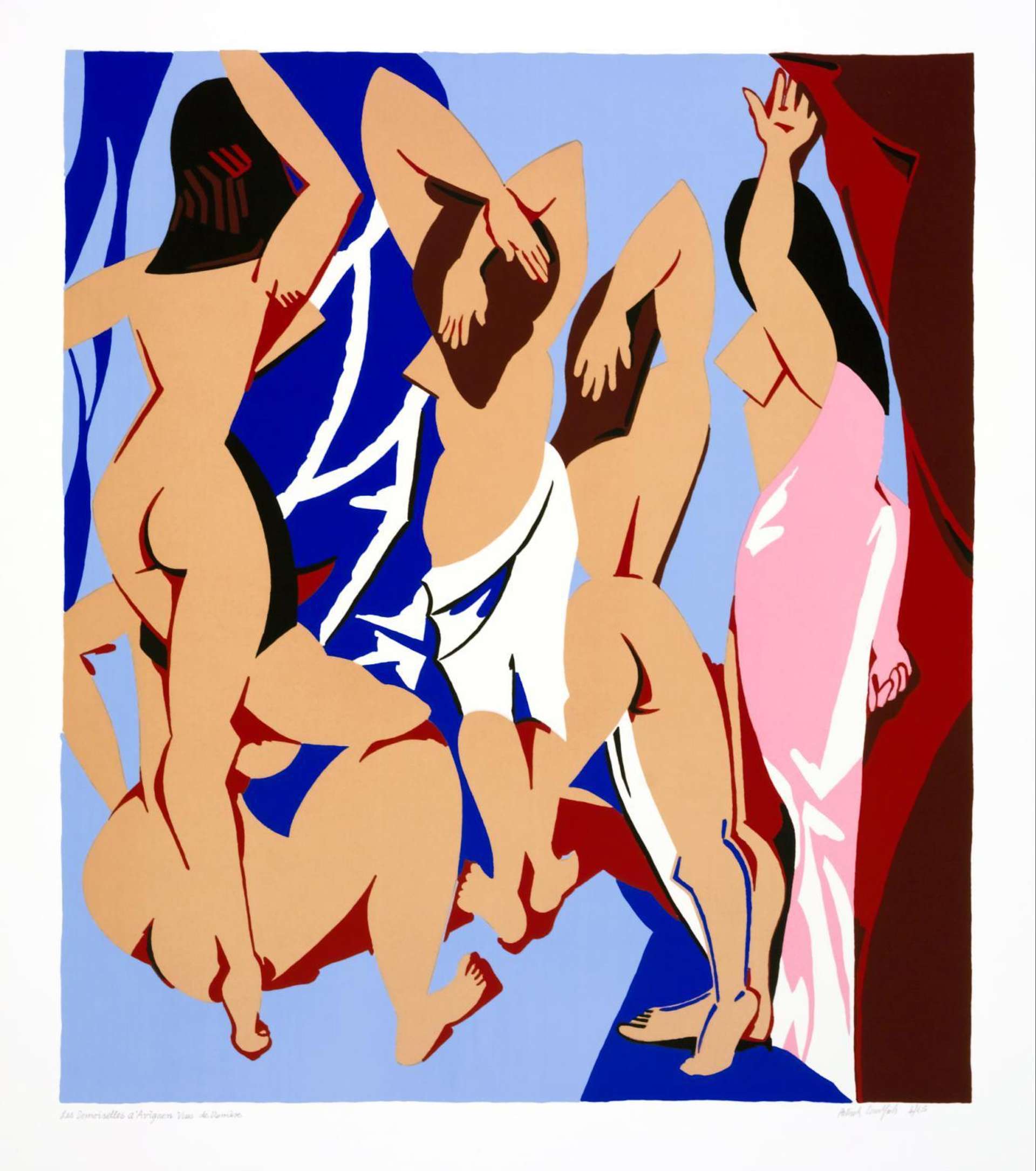 An image of the painting Les Demoiselles d’Avignon Vues De Derrière by Patrick Caulfield, which is a humorous take on Picasso’s Demoiselles d’Avignon. In Caulfield’s version, the figures are seen nude from behind