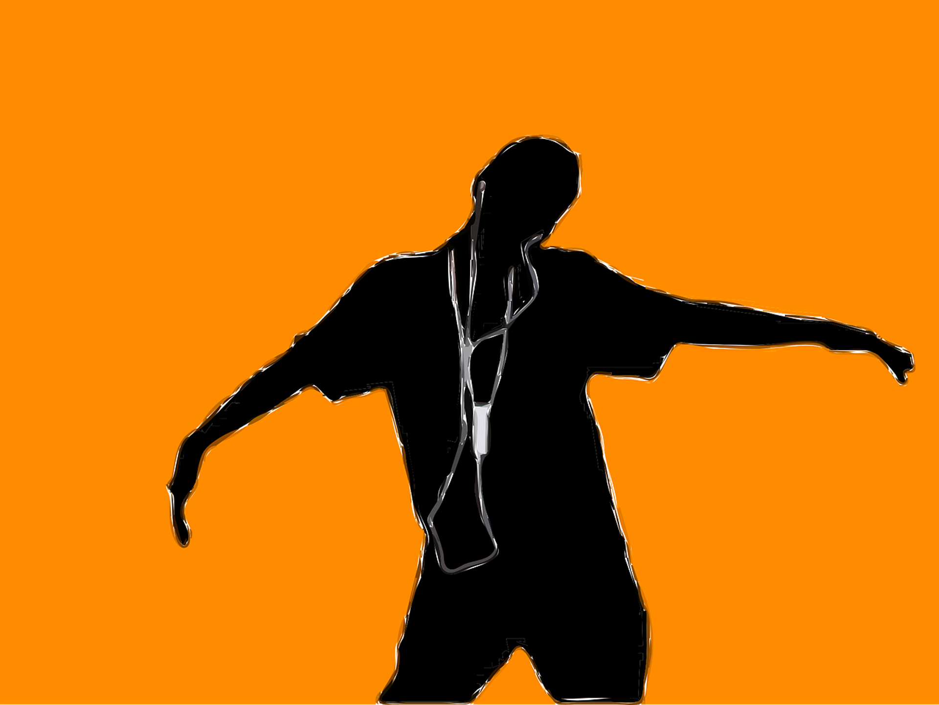 A person stands with arms outstretched, enjoying music through white headphones connected to an Apple iPod. The figure appears as a black silhouette against a vibrant orange backdrop.