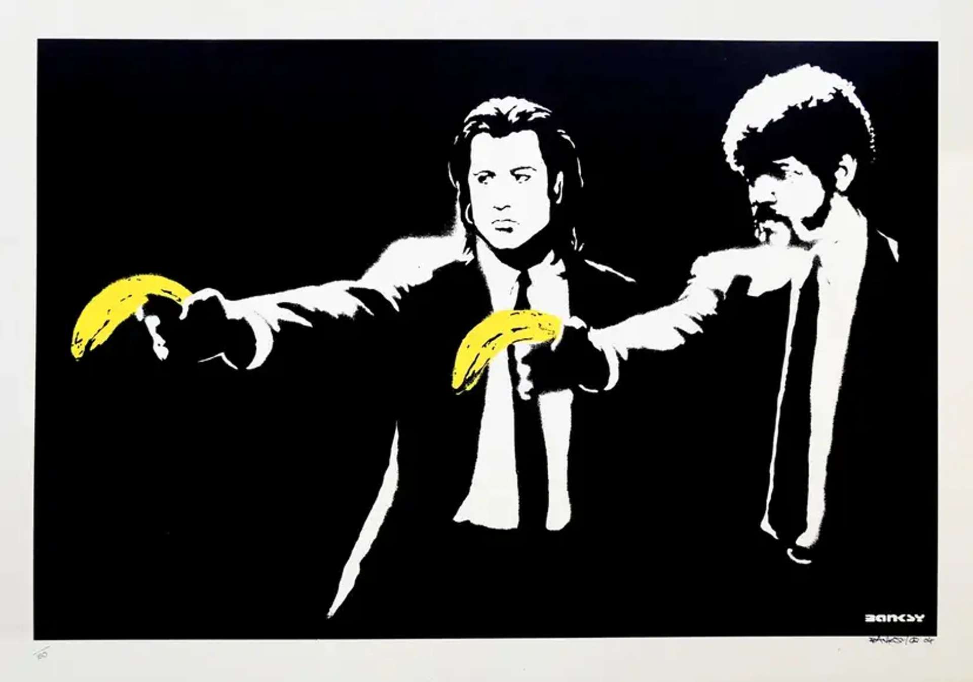 An image of the print Pulp Fiction by Banksy. It depicts a still from the movie Pulp Fiction by Quentin Tarantino where John Travolta and Samuel L. Jackson, dressed in suits and ties, point a gun. In the print, which is done in monochrome, they hold bananas instead. The bananas are the only colourful part of the print.