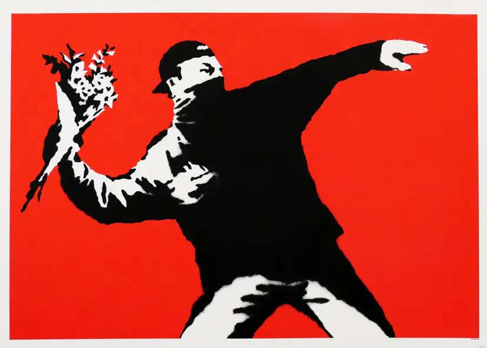 Screenprint by Banksy depicting a red background behind a masked man throwing a bouquet.