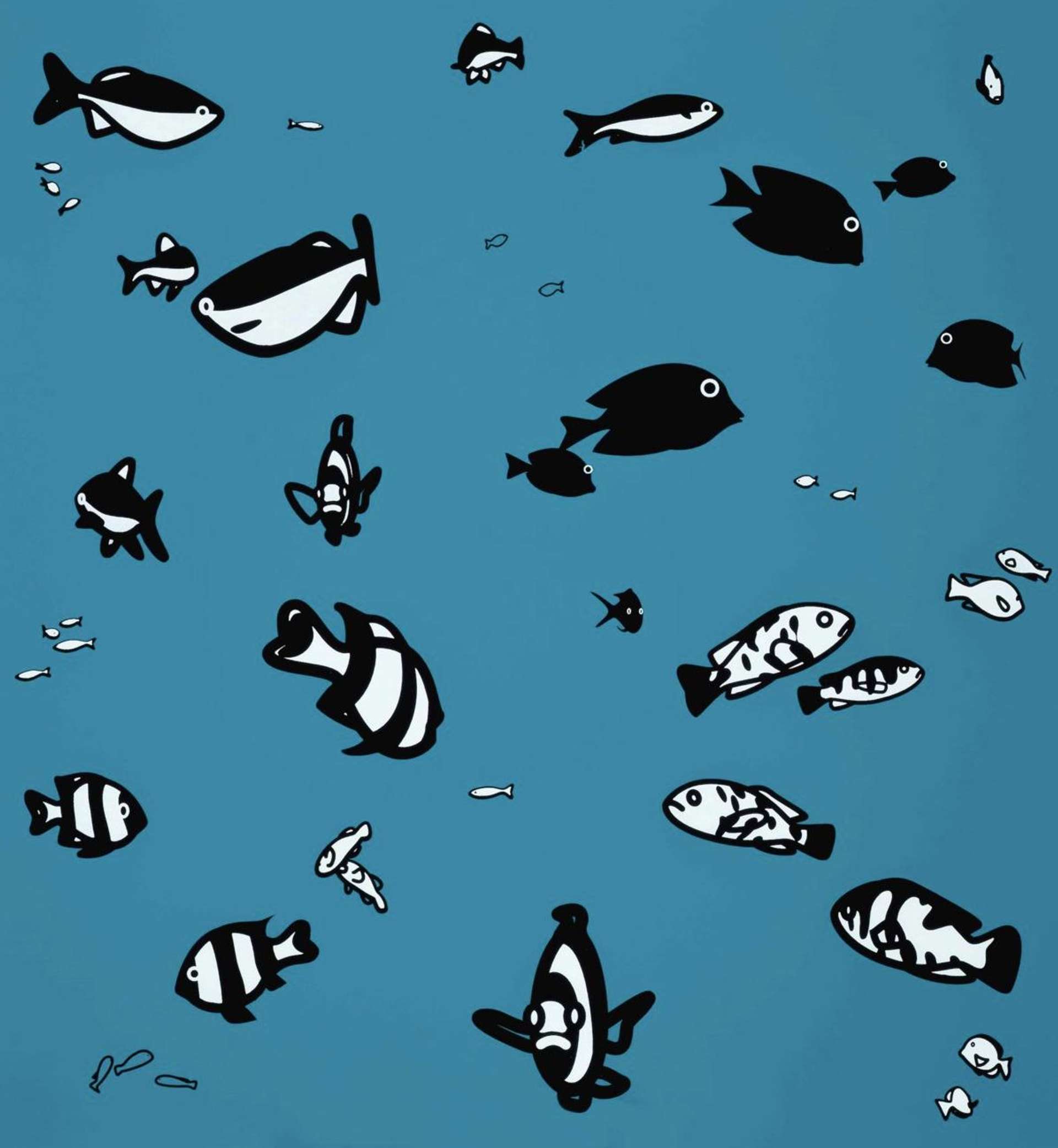 Small black and white fish painted on a sky blue background.