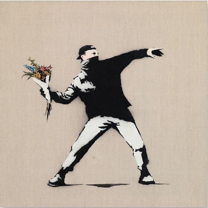 Banksy Love Is In The Air (Flower Thrower) (Signed Mixed Media) 2006