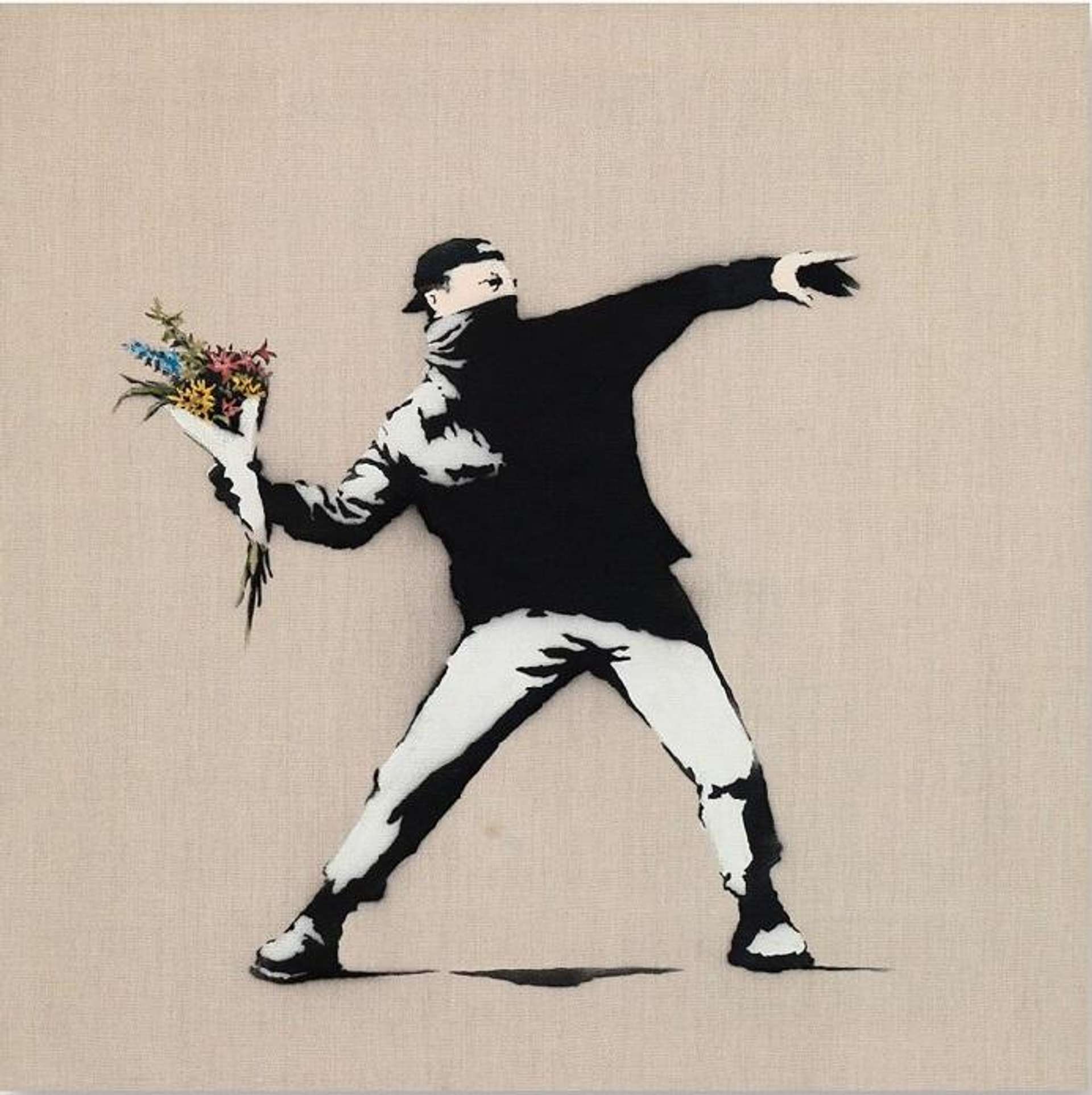 A screenprint by Banksy depicting a balaclava-wearing man holding a bouquet of flowers instead of a bomb