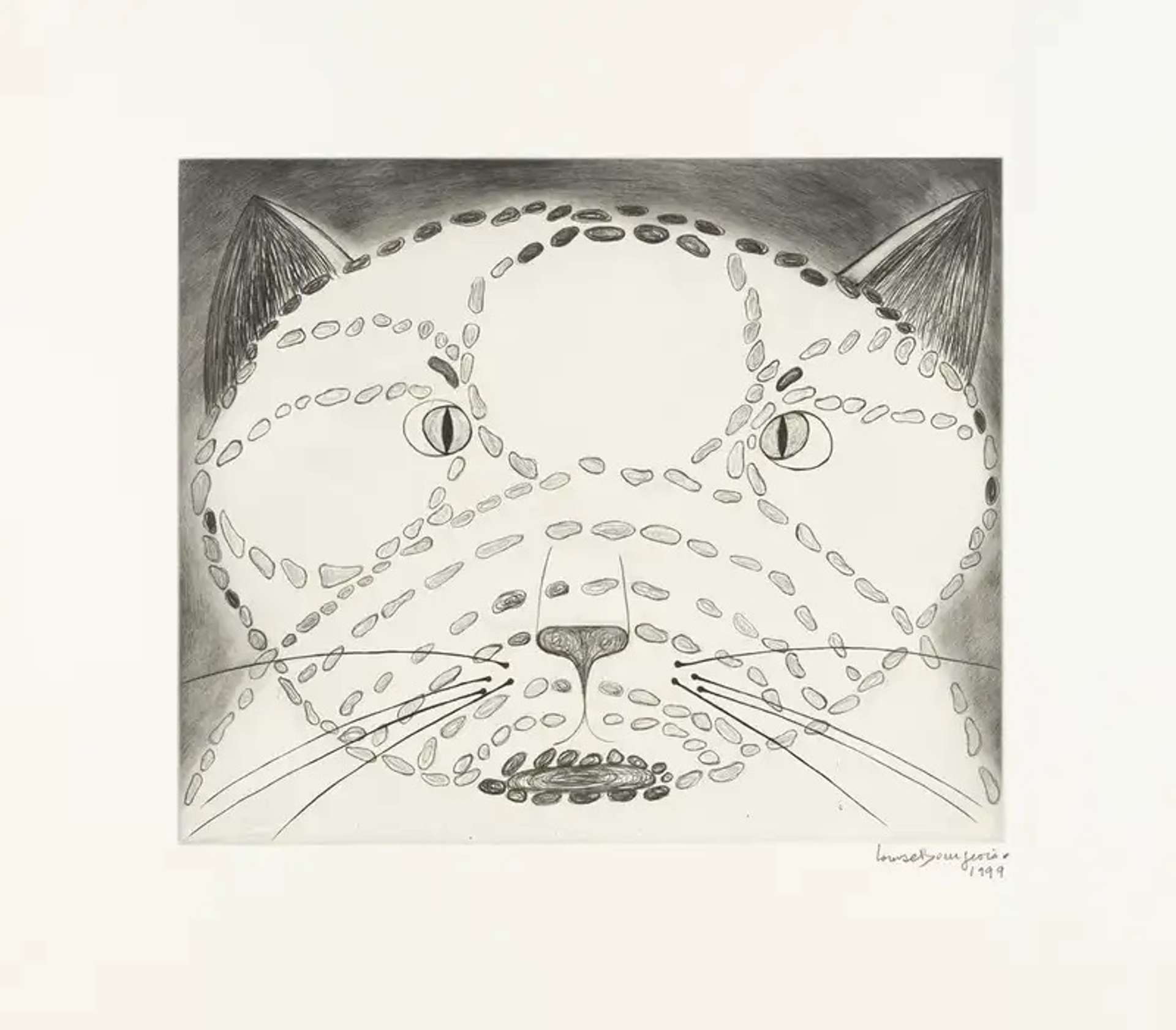 Louise Bourgeois’ The Angry Cat. A drypoint print of a cat’s face, upclose.