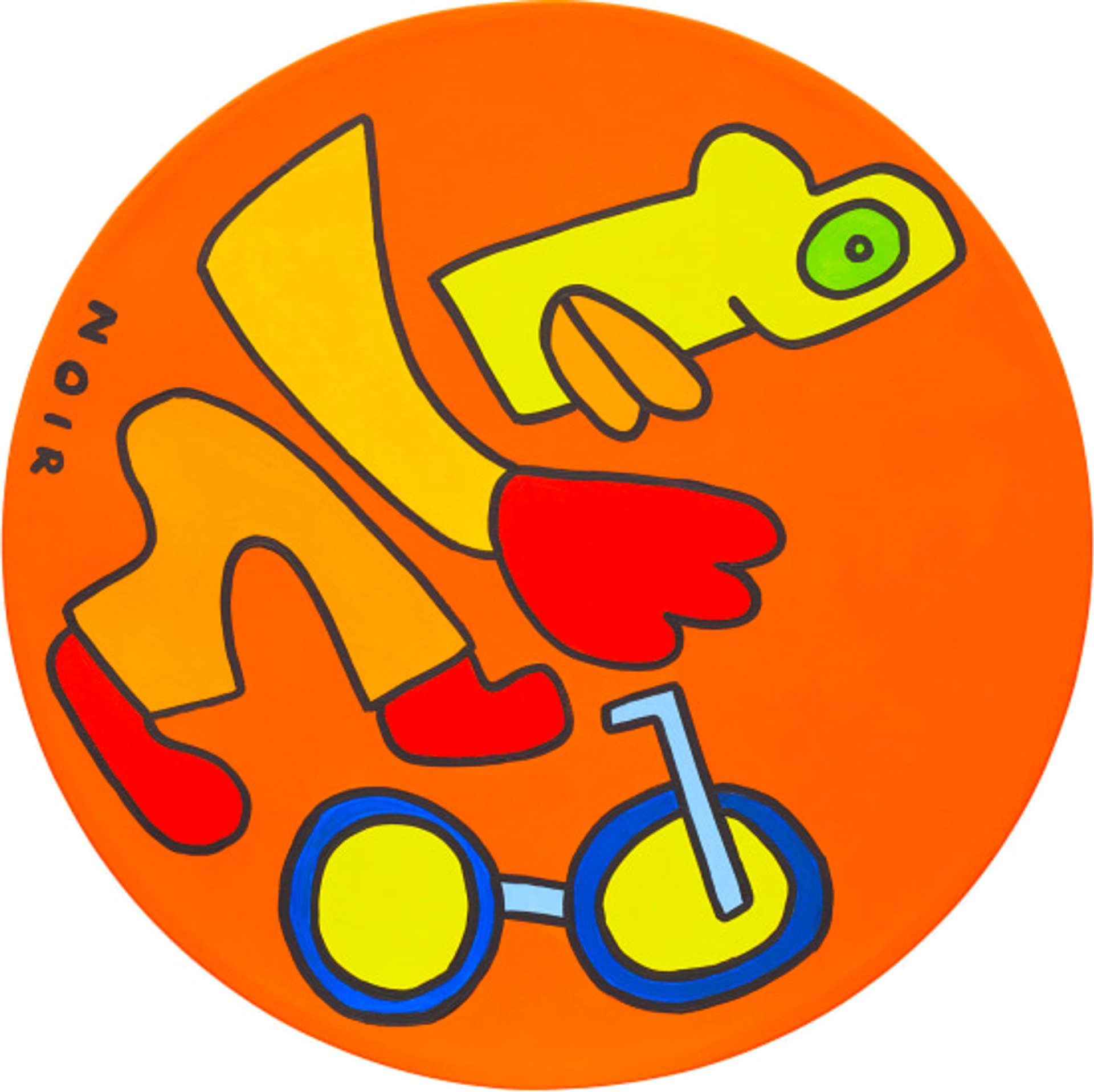 A vibrant orange circular canvas displaying a geometrically disassembled caricature figure in a side profile view. The figure is positioned above a two-dimensional bicycle with yellow wheels, blue tires, and light blue handlebars.