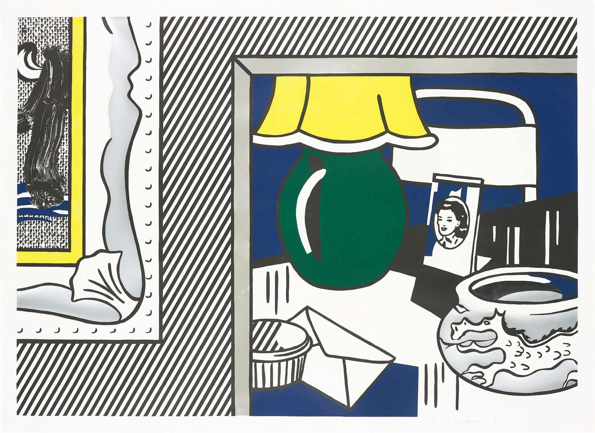Two Paintings: Green Lamp captures two adjacent paintings mounted on a striped wall. The composition on the right is contained in a minimalistic silver frame. It is a brilliant modernist still life depiction, recalling Lichtenstein’s Six Still Lifesof the early 1970s. On the left hangs a baroque style silver frame, with a bright yellow passepartout. The portrait within exhibits emotive black sweeps, superimposed on blue cartoon brushstrokes. 