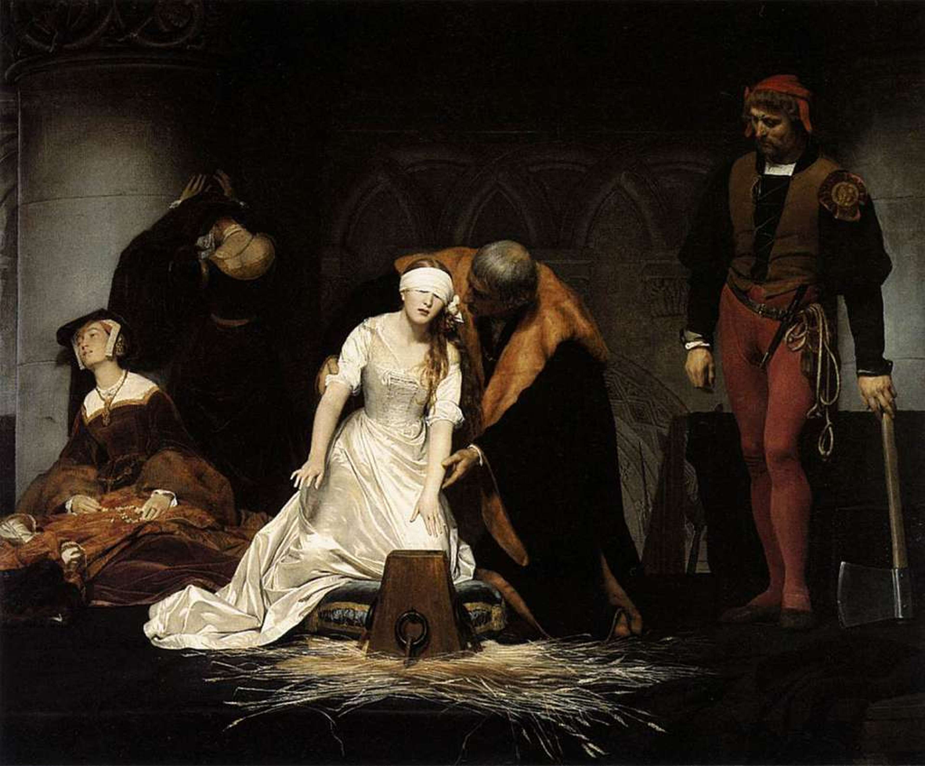 A blindfolded young woman in a white satin gown reaches helplessly for the execution block as an attendant guides her, while figures in dark clothing look on and an executioner with a large axe waits beside her.