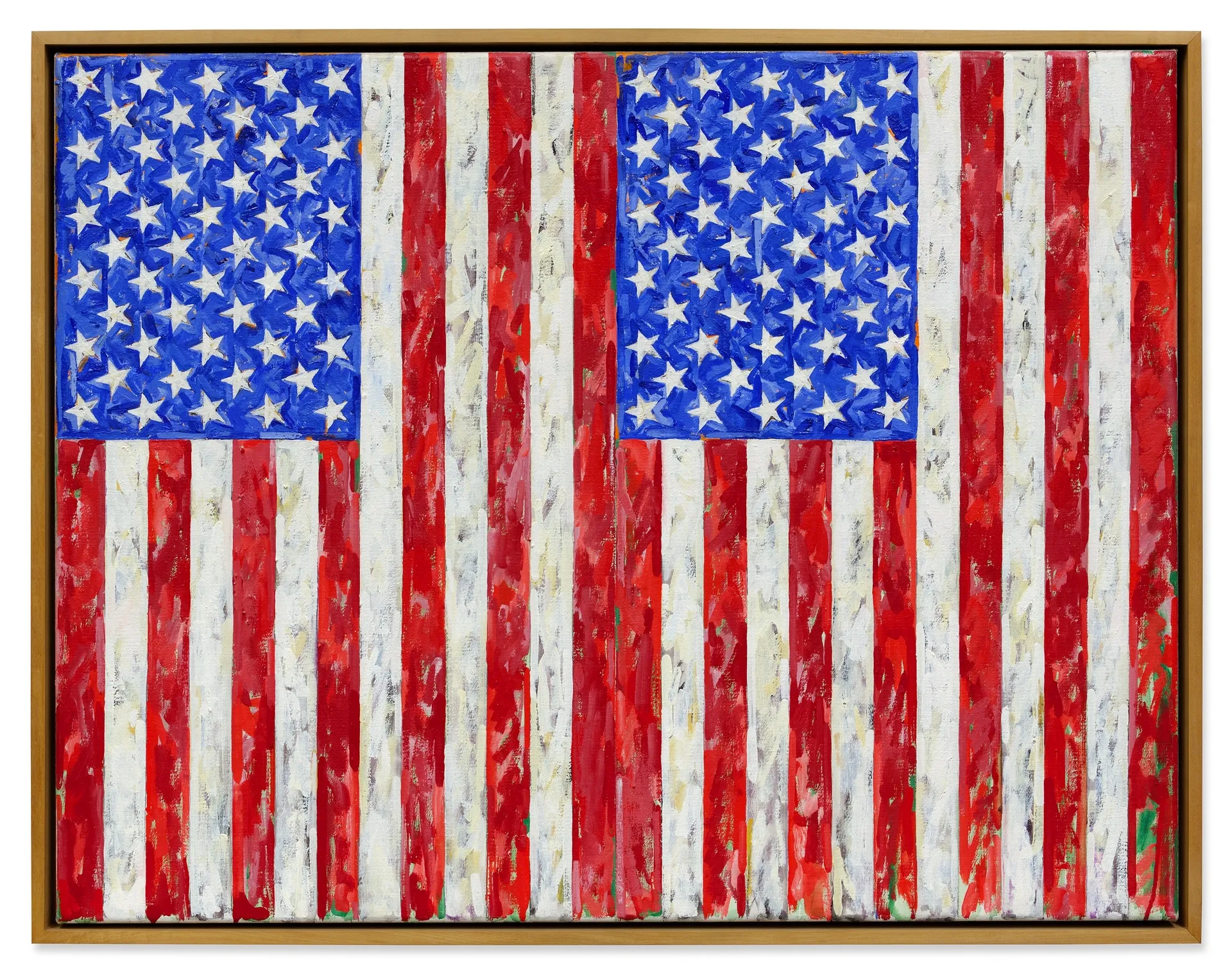 An image of the work Flags by Jasper Johns, showing two flags of the United States, hanging downwards side by side.