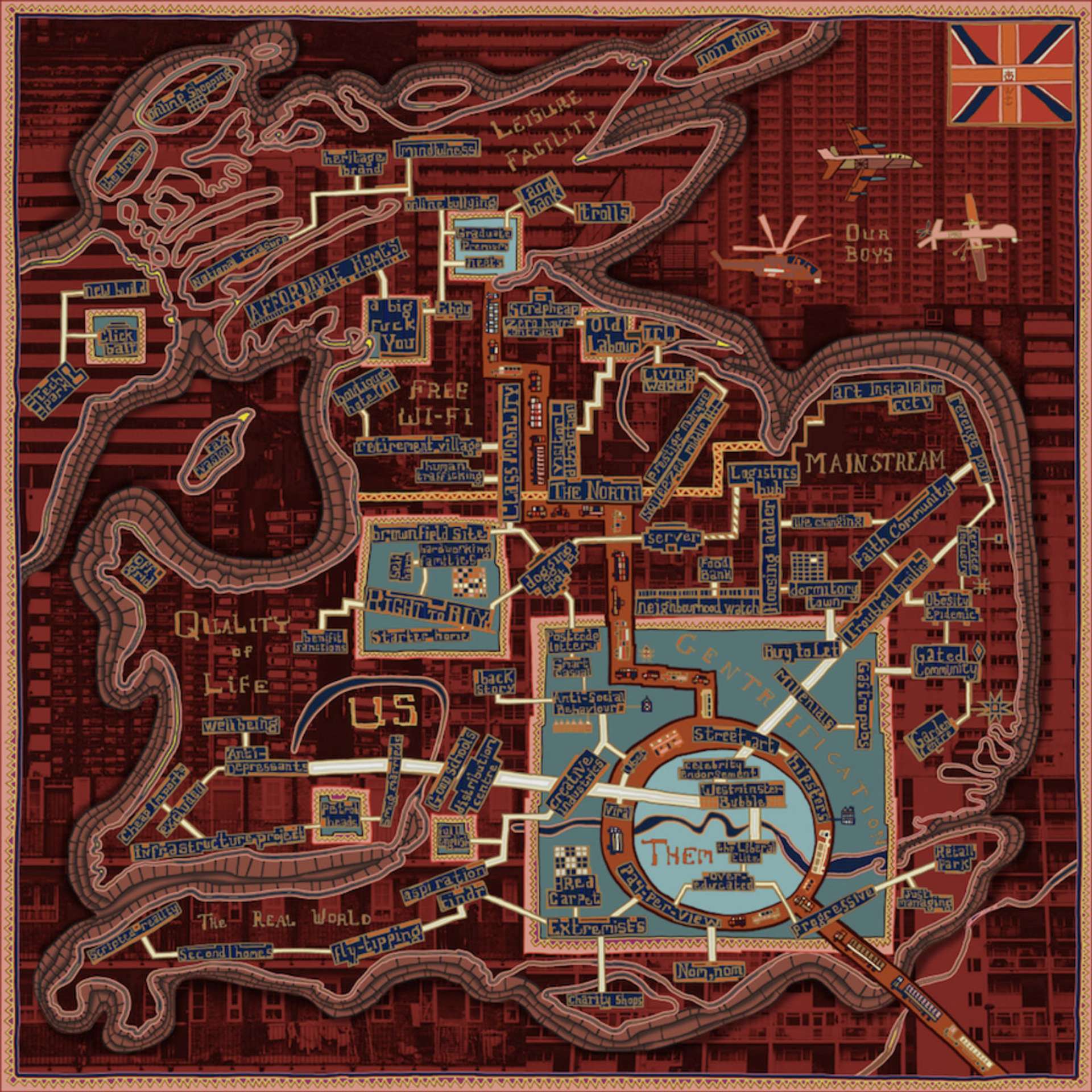 Dark red tapestry featuring an outline that resembles the shape of England. Within it, text describes contentious issues within Britain at the time of creation, featuring words such as ‘gated community’ ‘obesity epidemic’ and ‘old labour’. In the top right, a union jack and fighter jets fill the space.