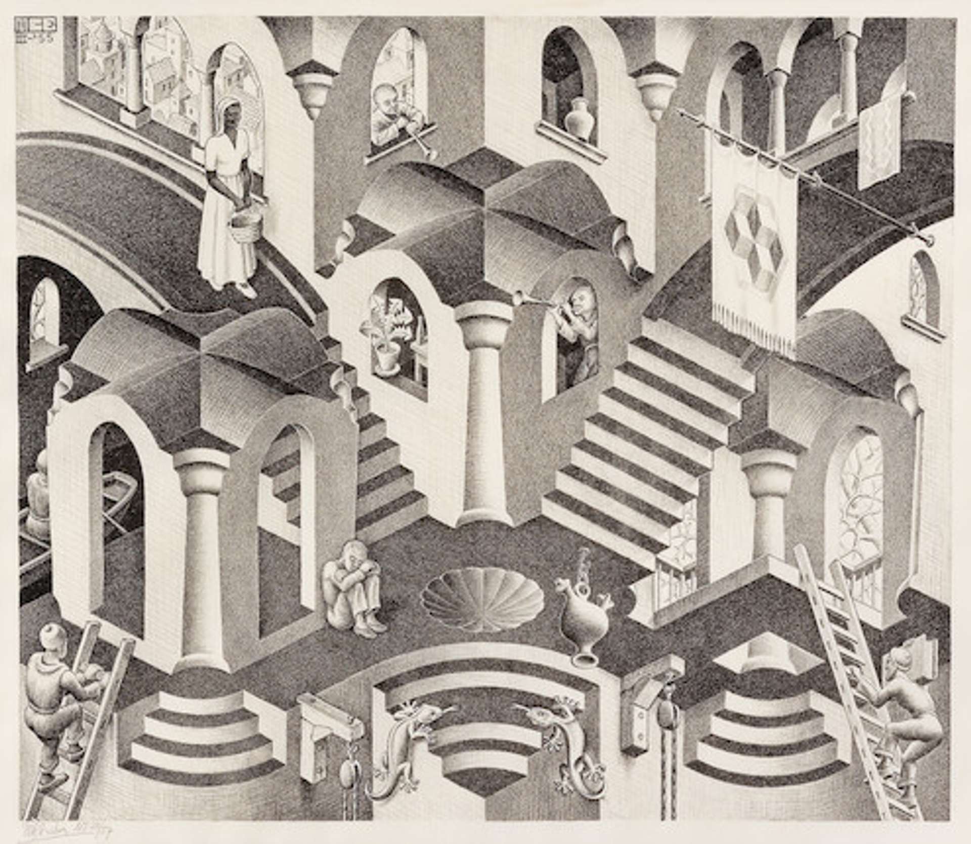 Convex and Concave by M. C. Escher. The print shows a series of staircases and arches which defy perspective.