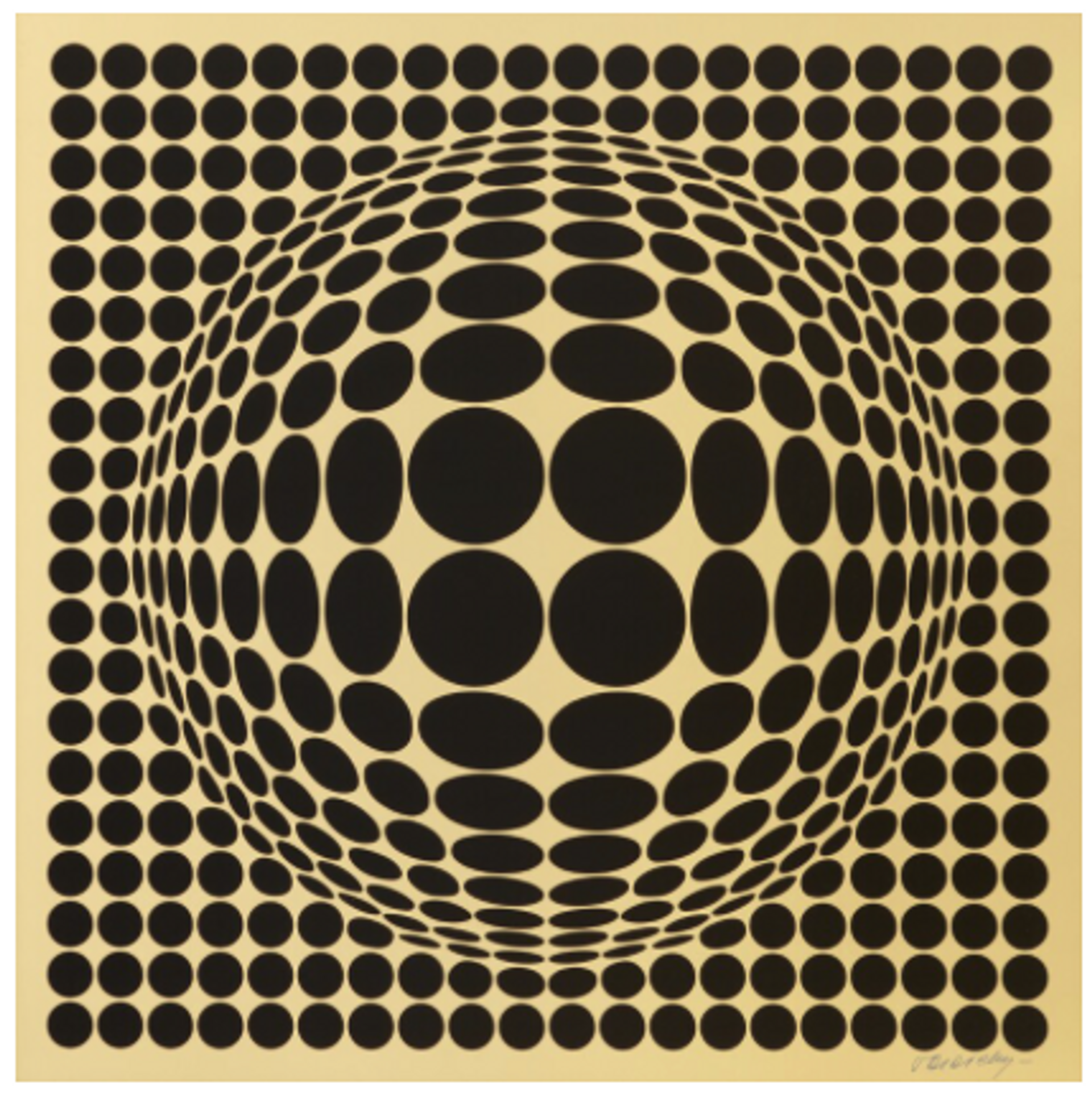 A visually striking artwork composed of gold and black geometric shapes, including circles of varying sizes arranged in a grid-like pattern. The arrangement creates an optical illusion, giving the impression of a floating three-dimensional circle.