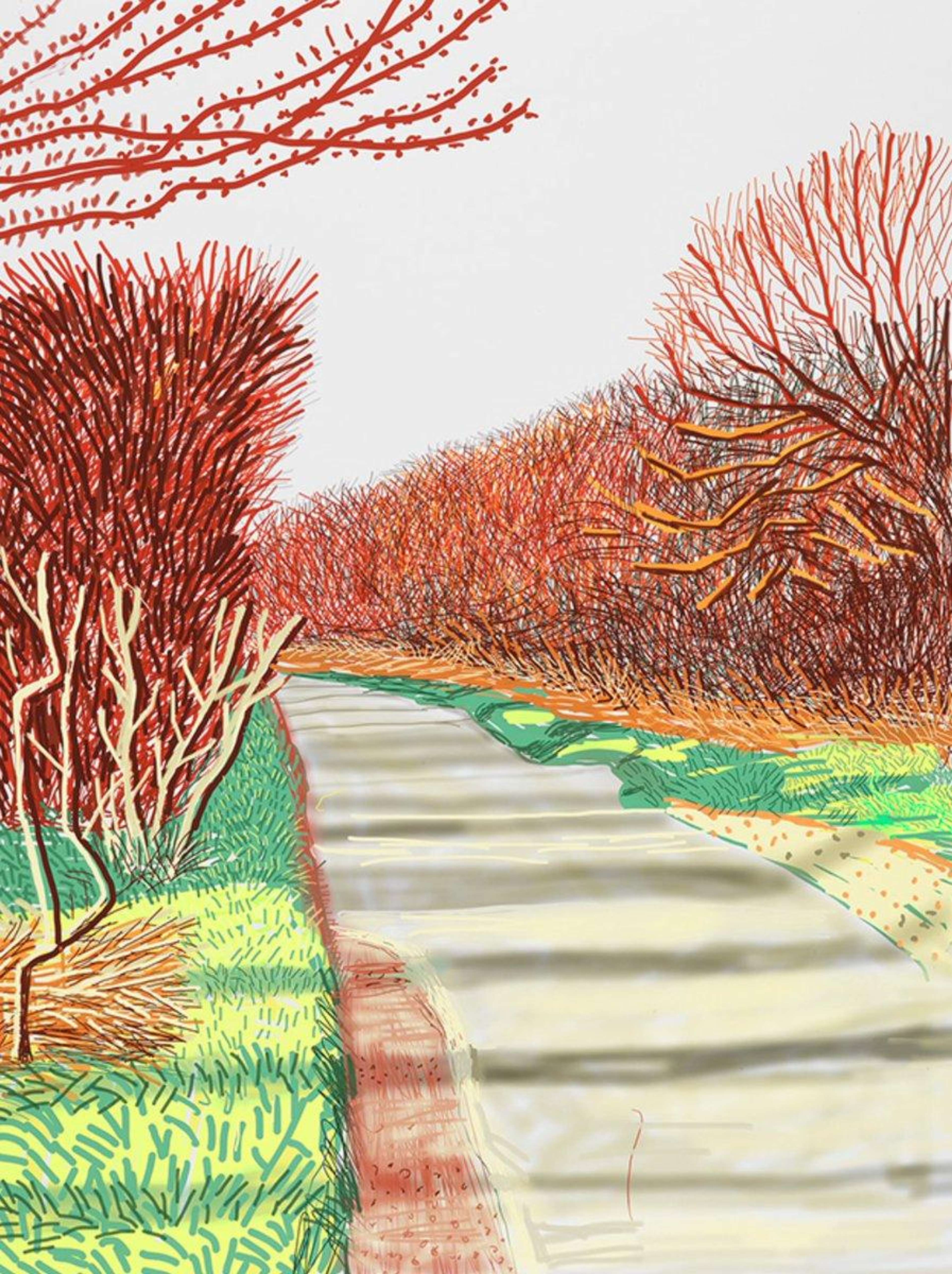An autumnal landscape by David Hockney, showing orange tree trunks on either side of a path.