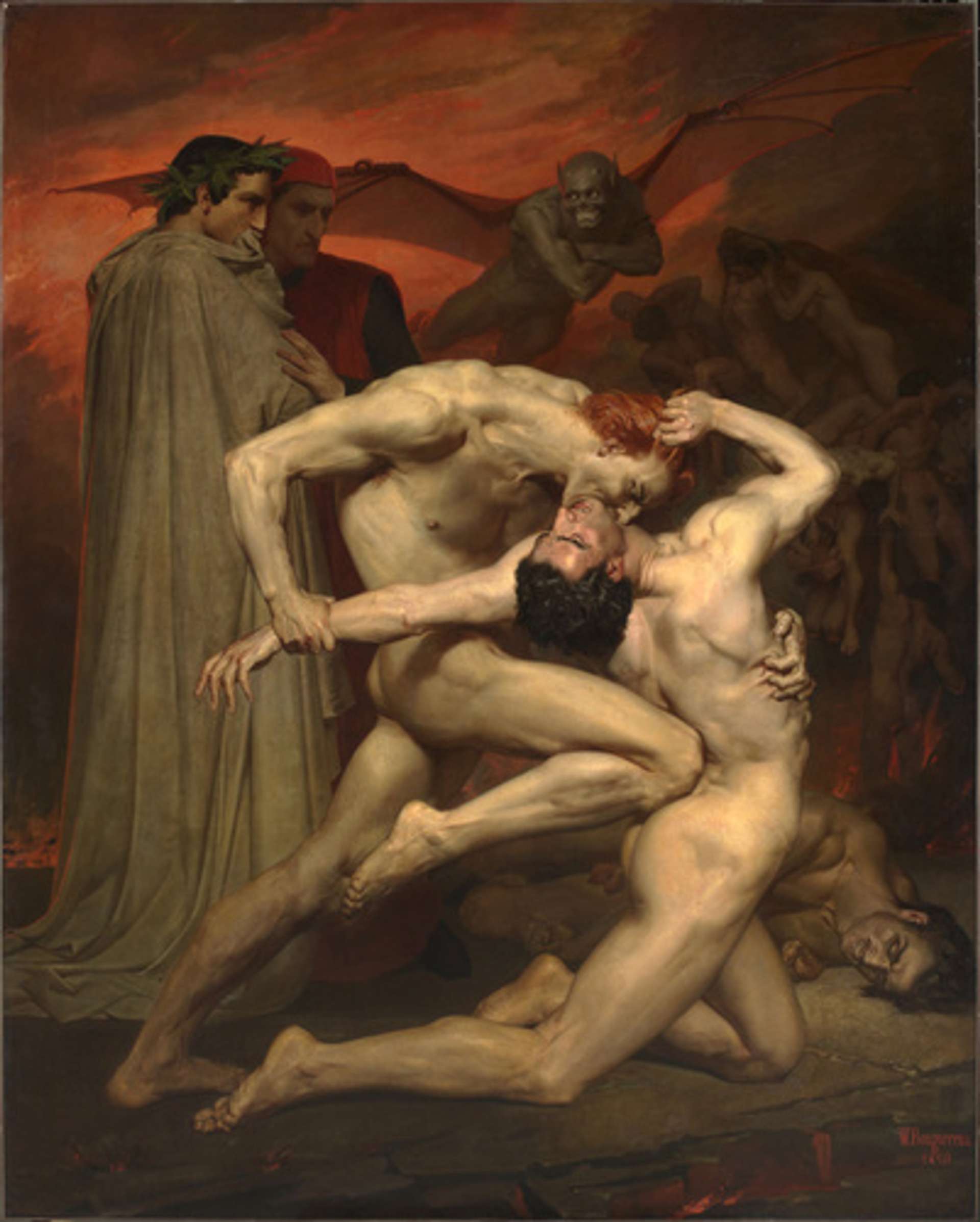  A painting depicting two intertwined naked male bodies. One man with brown hair kneels while another standing man with red hair pulls his left arm backwards, pressing his knee against his lower back. The scene suggests a sacrificial gesture as the man's neck is bent in an unconventional manner.