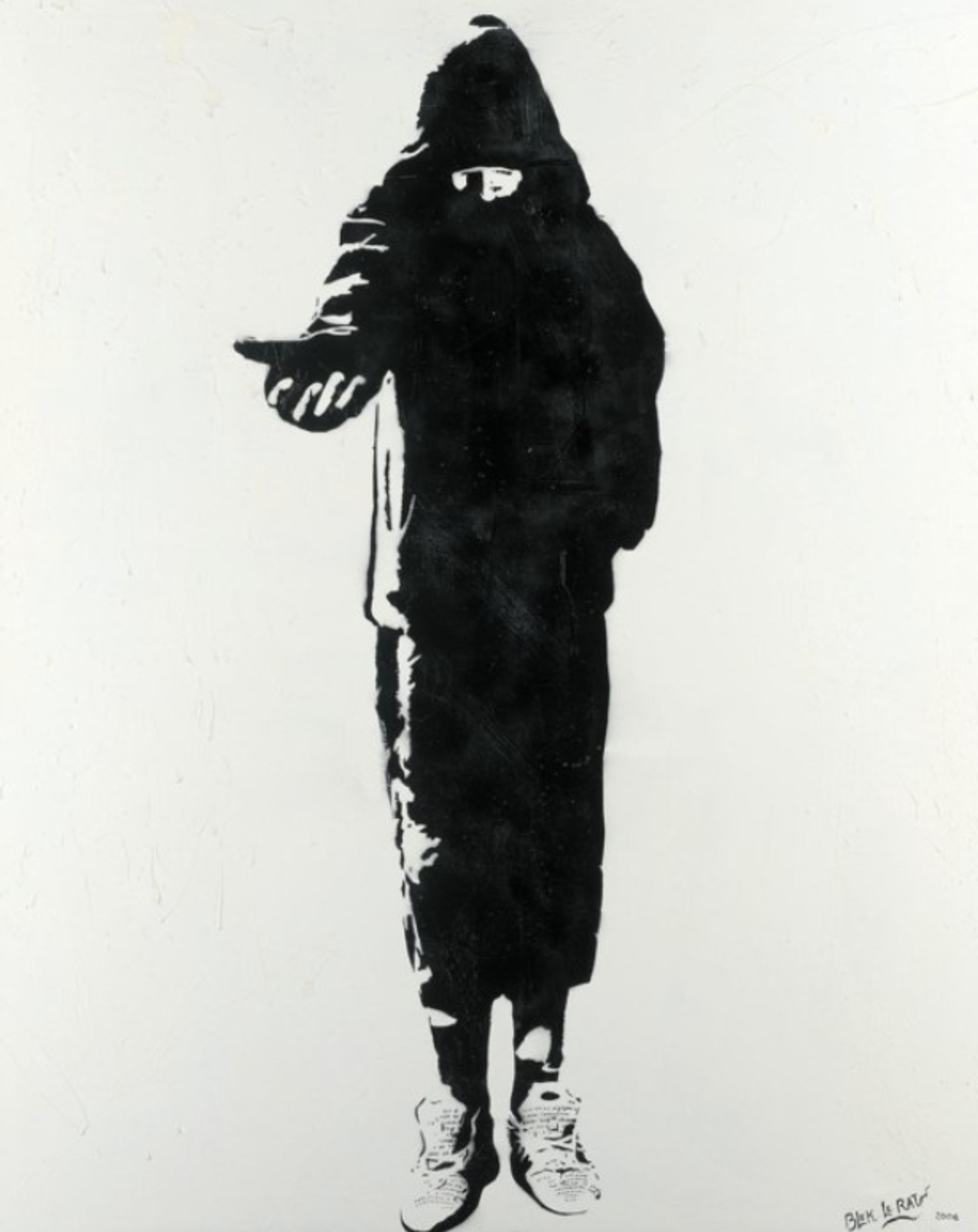 Graffiti stencil of a hooded, downward facing figure holding out their hand to the viewer