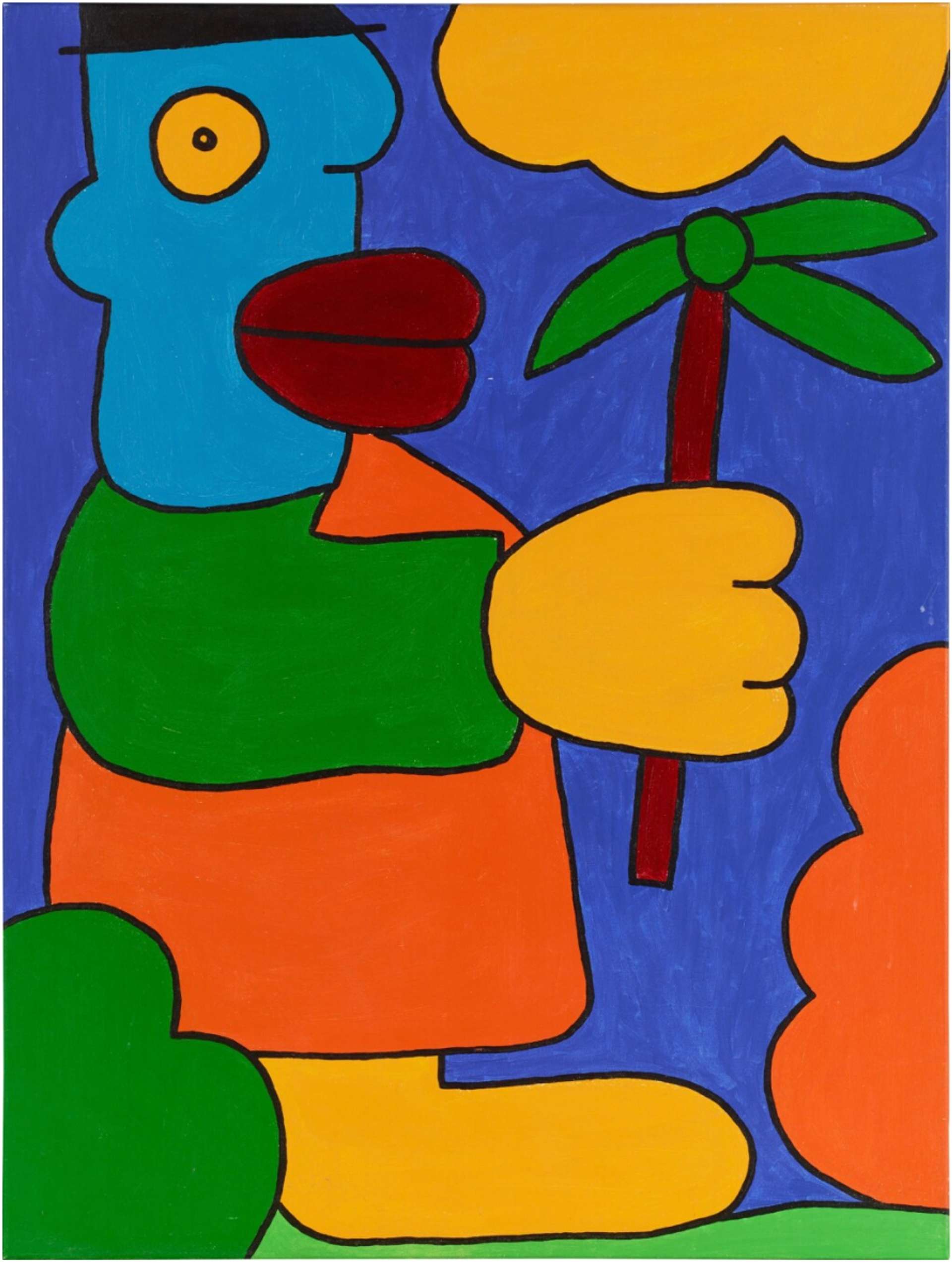  A vibrant abstracted palette of blue, green, orange, yellow, red, and brown. A bold black line creates a scenery with green grass, and a two-dimensional caricature figure walks staring the viewer in a side profile, holding either a three-petaled green flower or a windmill in its hand.