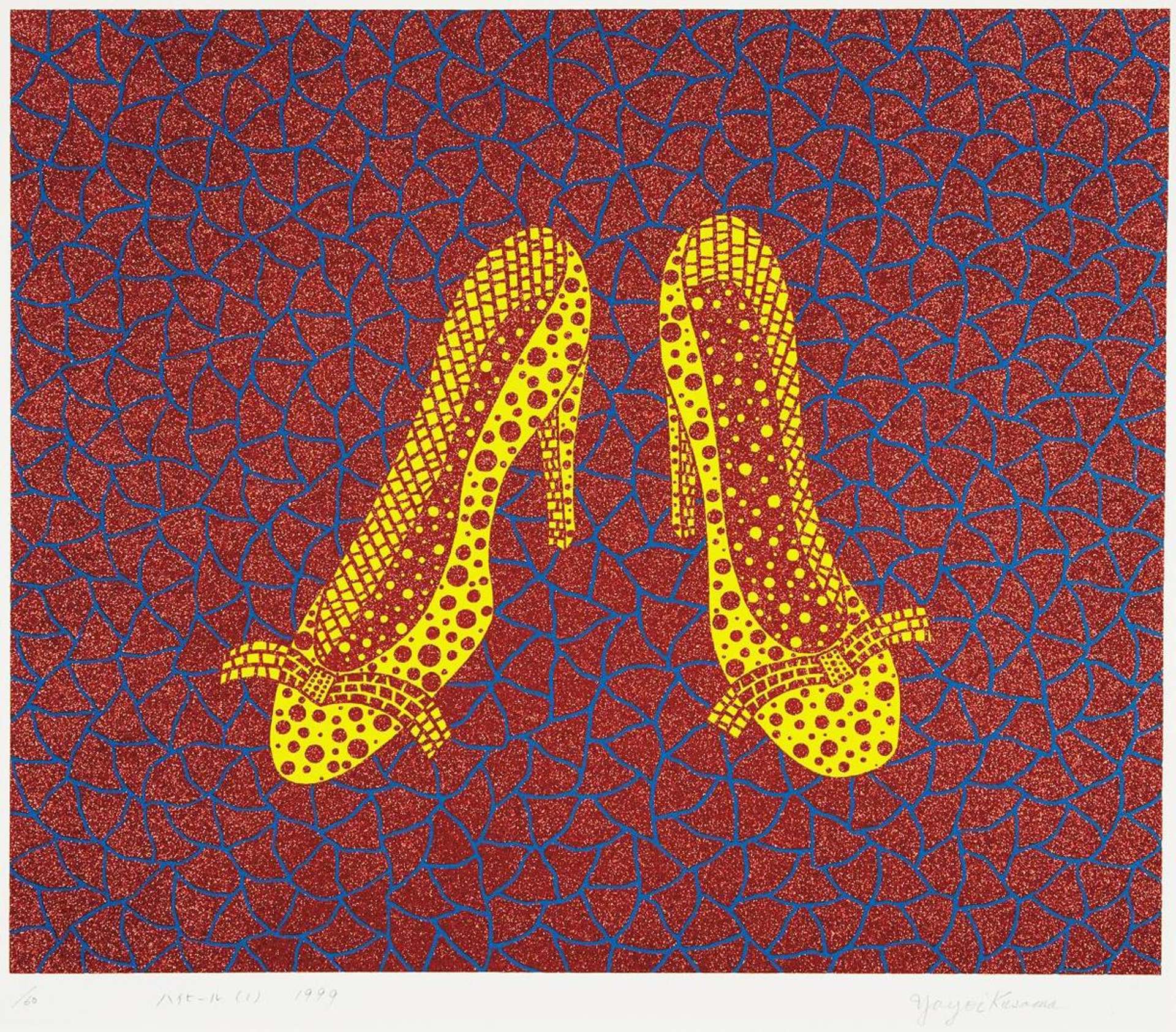 A screenprint by Yayoi Kusama depicting a pair of yellow high heel shoes, set against a red background with a grid-like pattern of blue lines