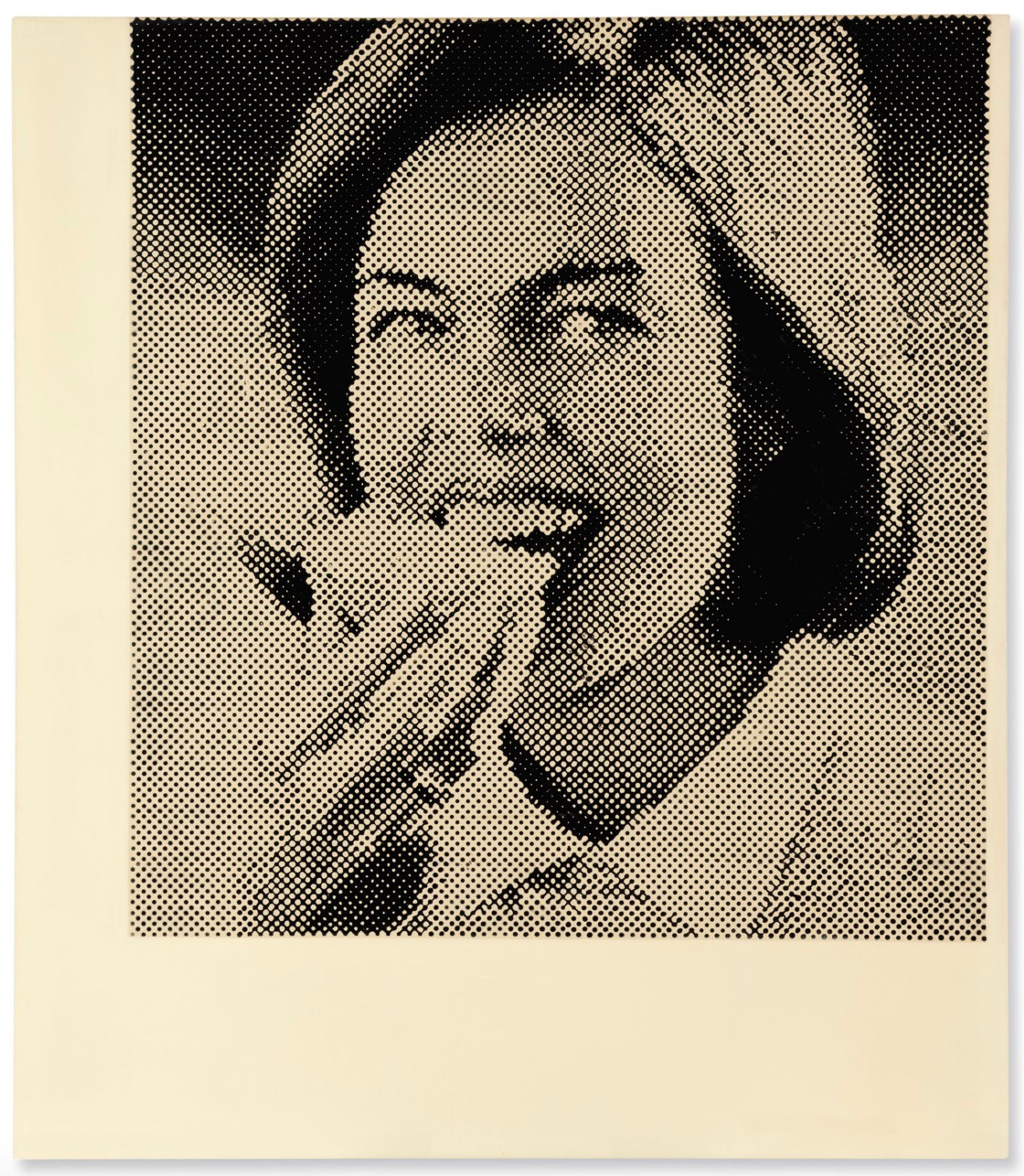 A black and white image of a woman with perfect shoulder-length hair holding buttered bread to her open, smiling mouth. The piece is comprised of uneven ochre and cream dots, her features pixelating into abstraction while maintaining an unsettling commercial cheerfulness.