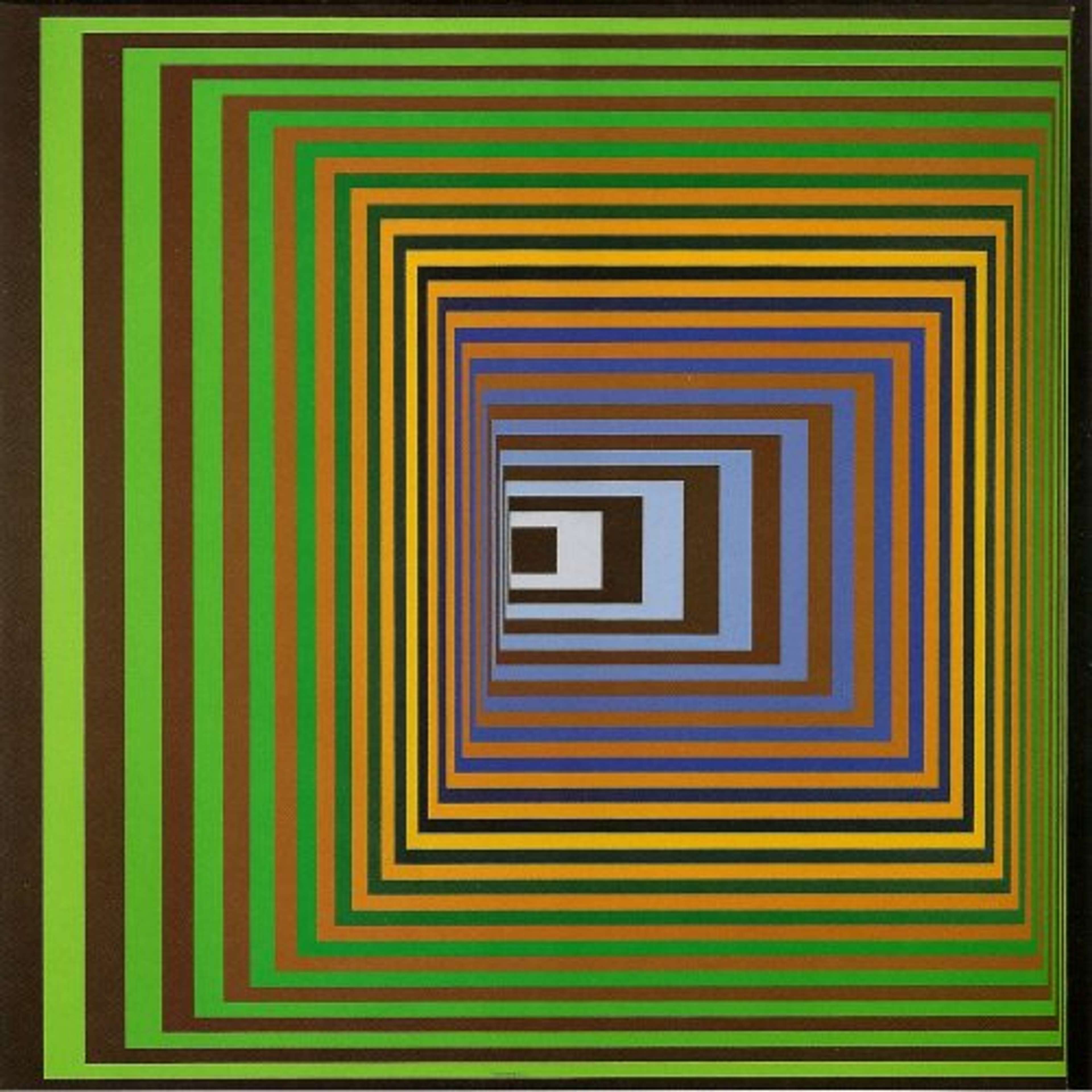 An artwork featuring interlocking sqaures created by repeating lines in vibrant hues of day-glo green, yellow, pink, and grey creating a tunnel vision effect.