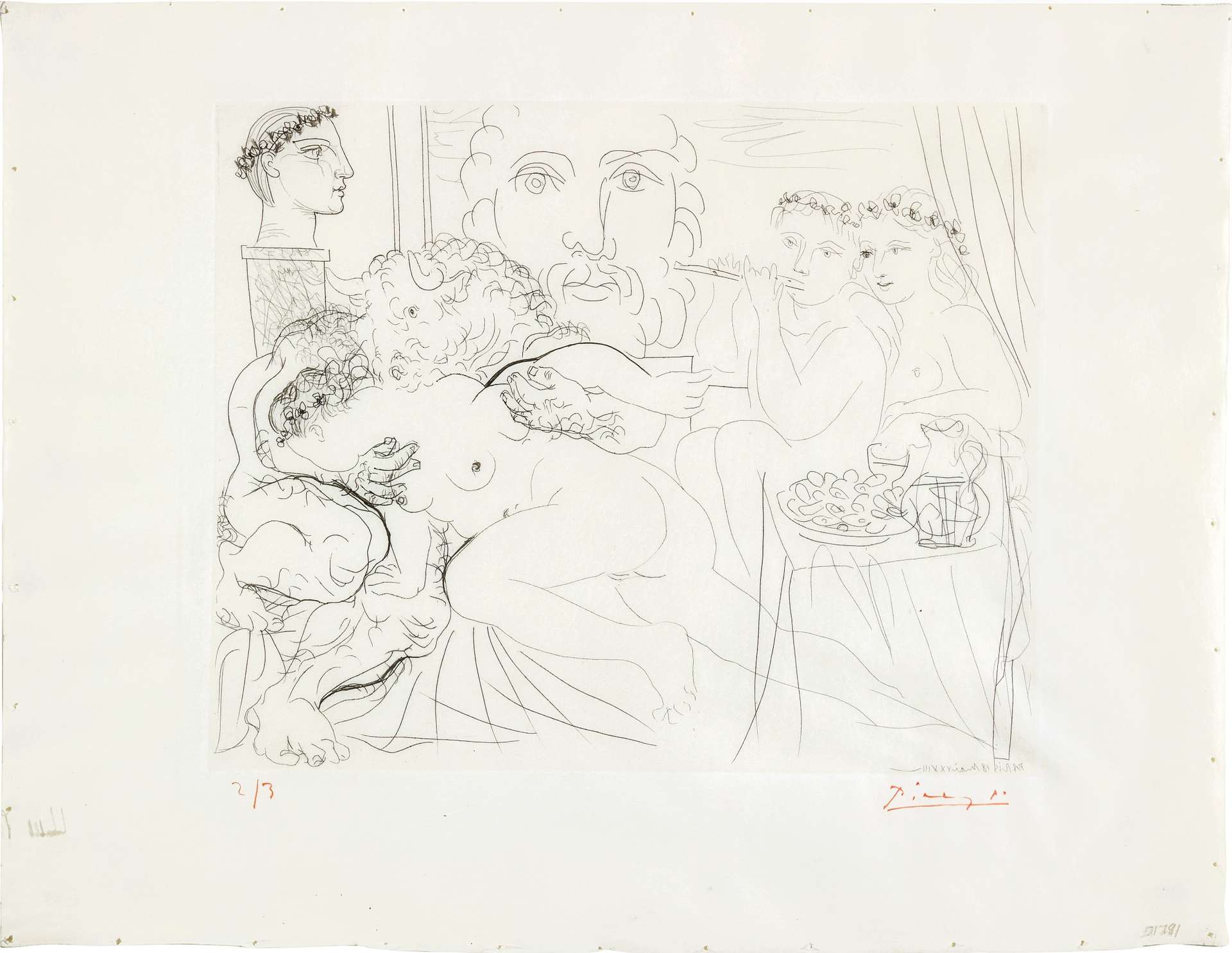 This monochrome print by Pablo Picasso shows a bacchanal scene, with several figures - including a Minotaur - surrounding a young nude woman. A classical-style bust stands in the background.