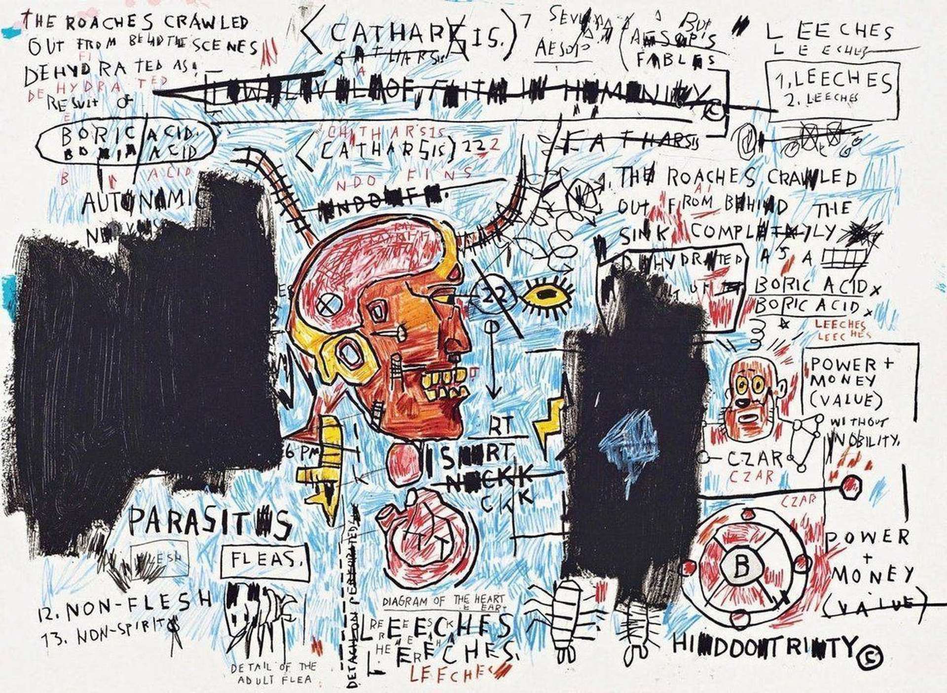 In Leeches, a print by Basquiat, pests of various kinds, including ‘parasites’, ‘fleas’ and ‘roaches’ materialise across the image in the form of both text and image, competing against swathes of black and semi-human skulls appearing to bear nuts and bolts.