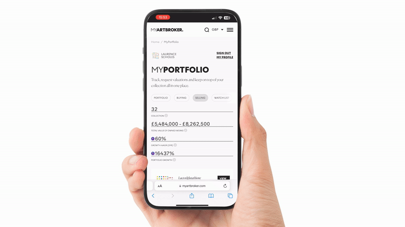 Gif showing a person holding a phone, with a scrolling view of MyArtBroker's MyPortfolio