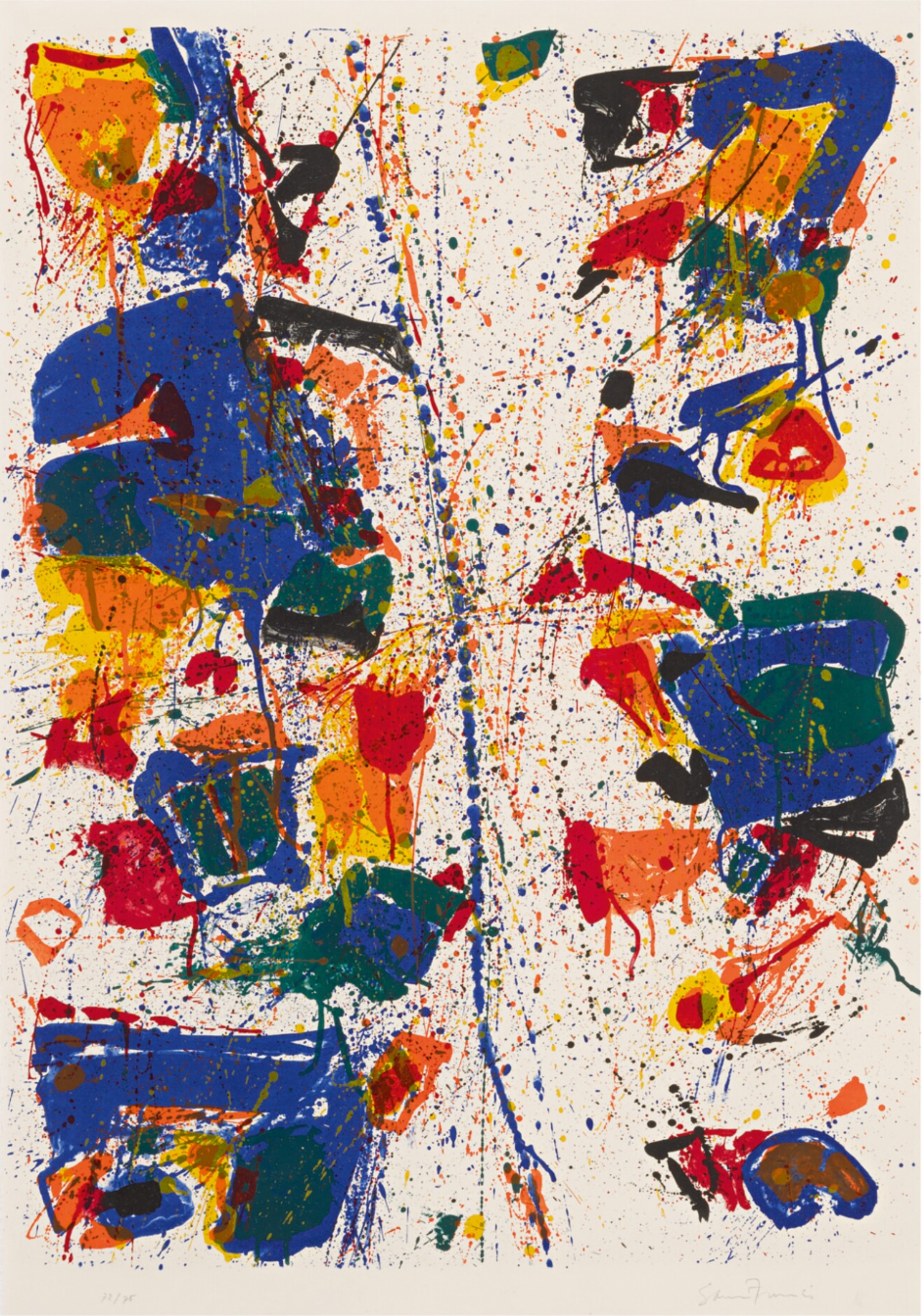 A lithograph that features thick, intuitive blue and green brushstrokes and red and orange splatters. Down the centre is a white vertical space that separates the print into two halves.